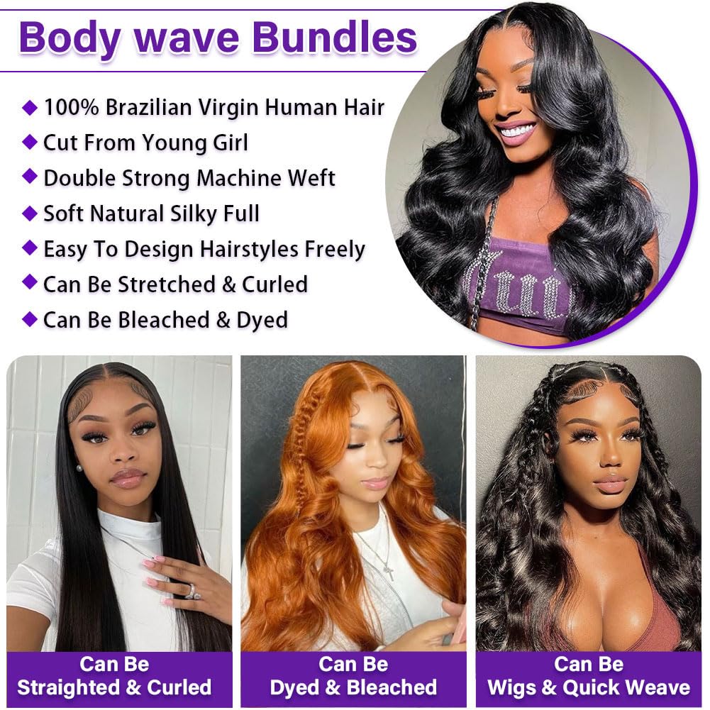 Olsmkis Body Wave Bundles Human Hair 18 20 22 Inch 3 Bundles Human Hair 300g 100% Unprocessed Brazilian Virgin Raw Hair Extensions Natural Black Weave Real Human Hair Bundles for Women