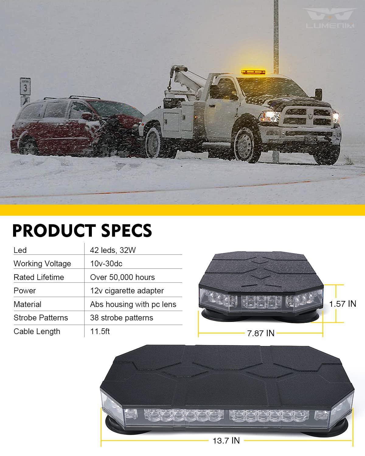LUMENIX LED Rooftop Strobe Beacon Lights Bar w/Controller Magnetic Emergency Traffic Warning Flashing Plow Light for Construction Vehicles Trucks Snowplow Postal Mail Cars -White Amber (Patent Design)