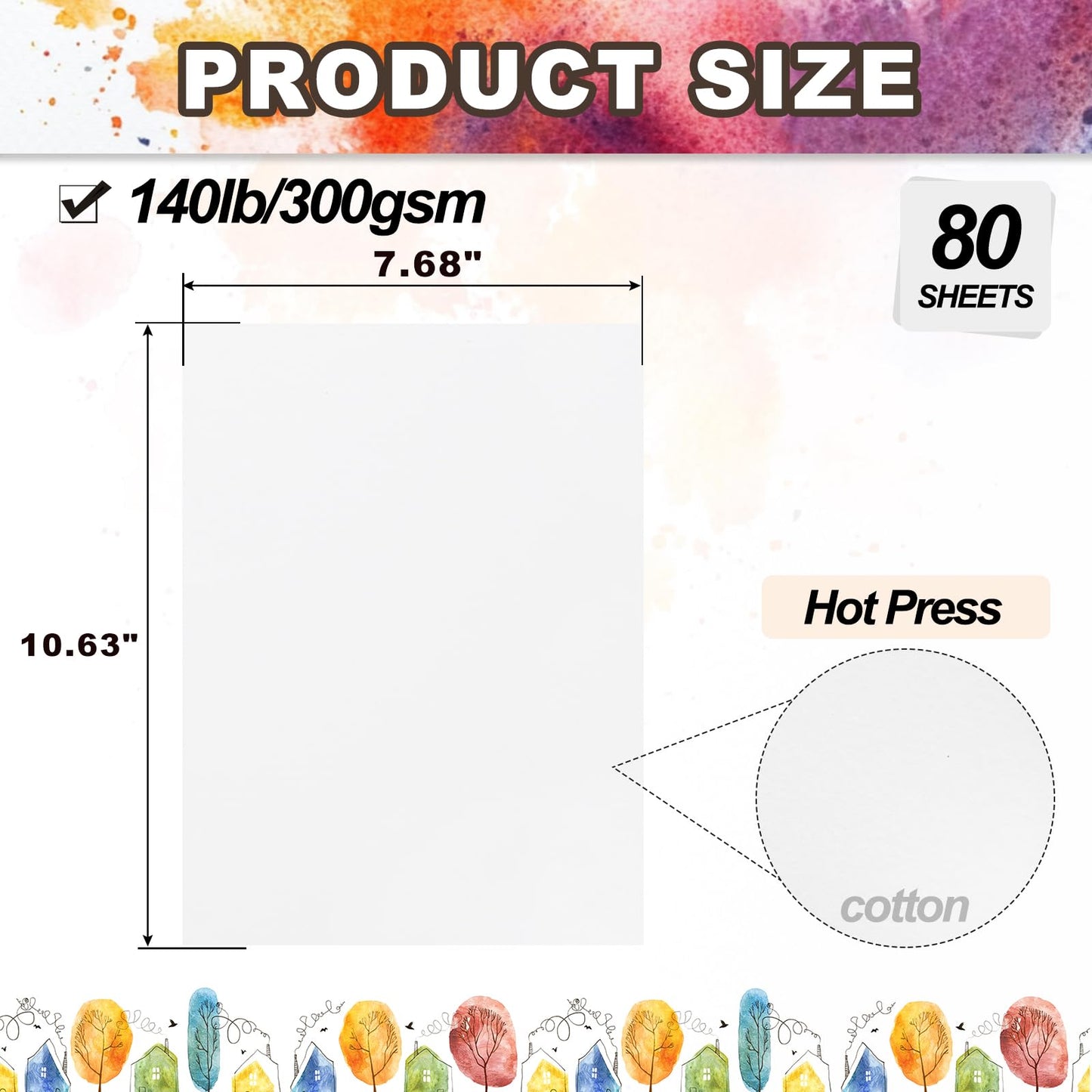 PATIKIL 80 Sheets Cotton Watercolor Paper 140lb/300 GSM Hot Press Water Coloring Paint Paper for Art Painting Watercolor Drawing Artist, 10.63x7.68 Inch