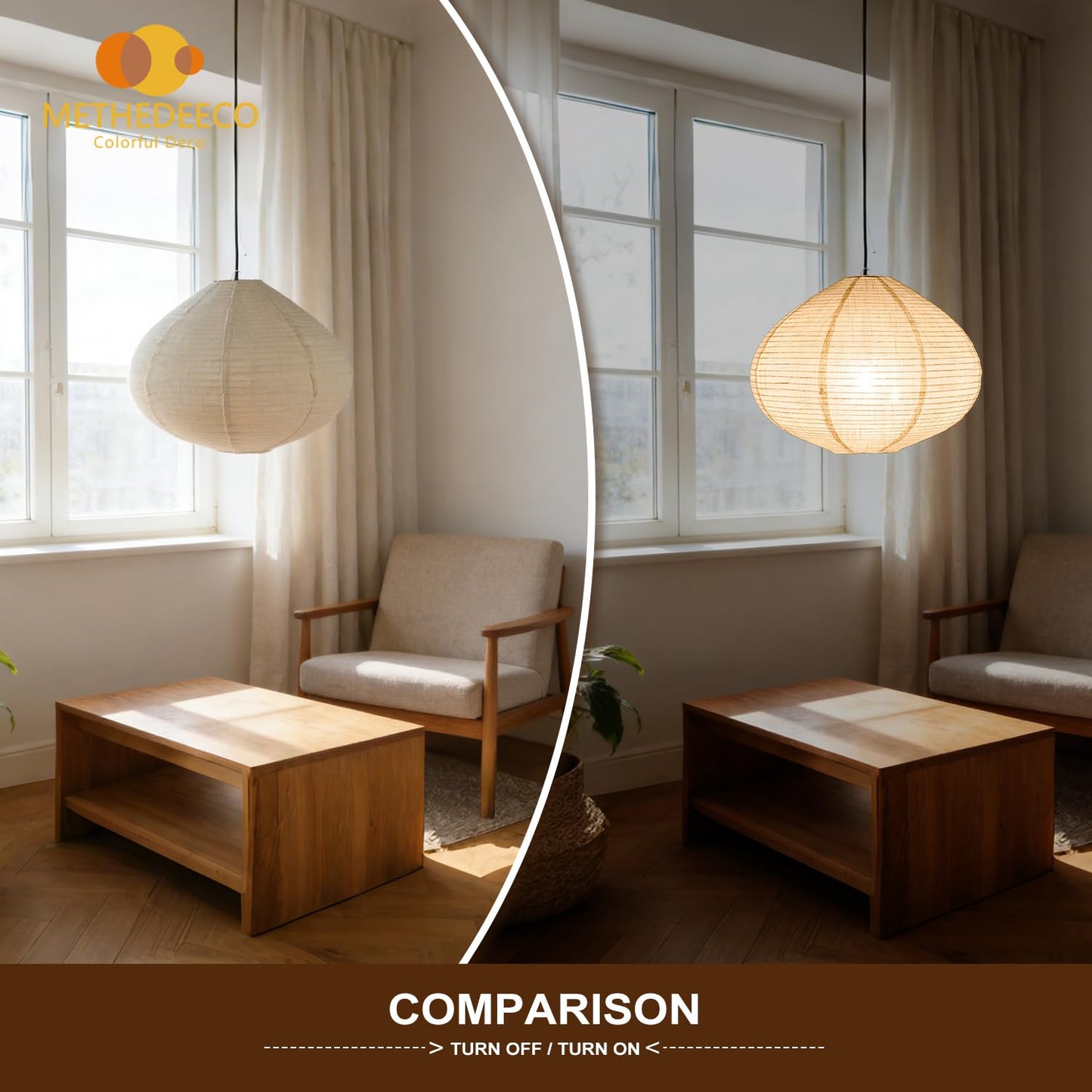 METHEDEECO Oval Hanging Lamp Shade Only, 16 Inch Faux Linen Pendant Lamp Shade, Foldable Fabric Replacement Shade, White with Beige, Minimalist Pendant Lantern Shade for Bedroom Living Room Kitchen
