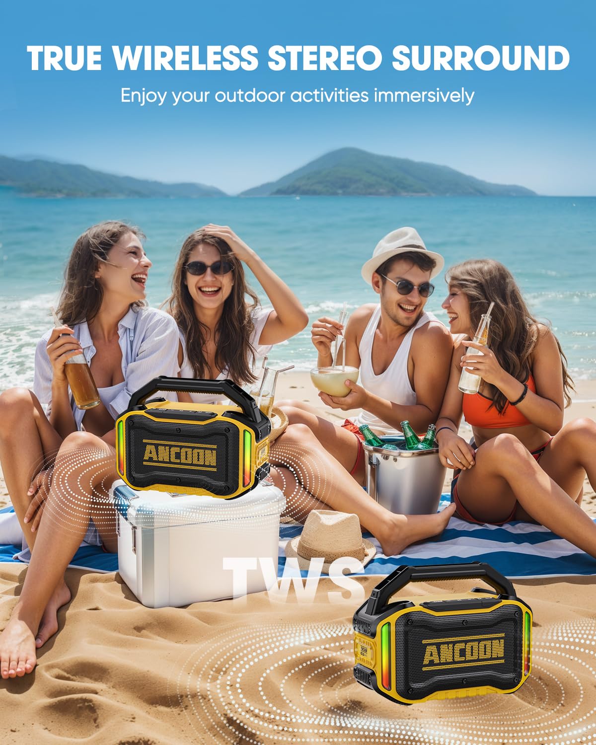 ANCOON Speakers Bluetooth Wireless: 80W(Peak) Loud Speaker with Bass, 20H Playtime, IPX6 Waterproof, Large Jobsite Speakers for Work, Outdoor, Workshop, Garage, Portable Speaker with Subwoofer&TWS