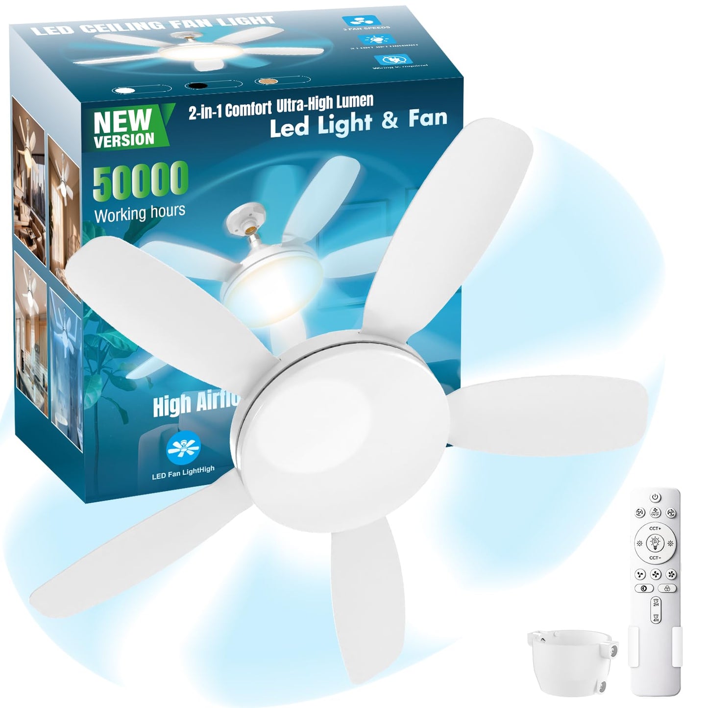 WZZIW 32" Socket Fan Light, 3000 Lumens Small Ceiling Fans with Lights and Remote, E26/E27 Light Bulb Fan with Reversible Motor, Dimmable 3000K-6500K Light Socket Fan for Bedroom Kitchen Garage
