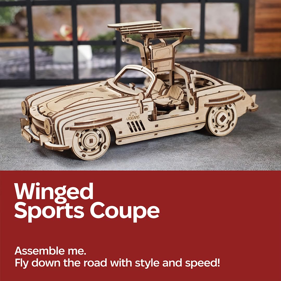 UGEARS Winged Sports Coupe Model Car Kit - 3D Wooden Puzzle Car –Model Kit for Adults to Build - DIY Wooden Car Model Kit with Authentic Gull-Wing Design Car Model