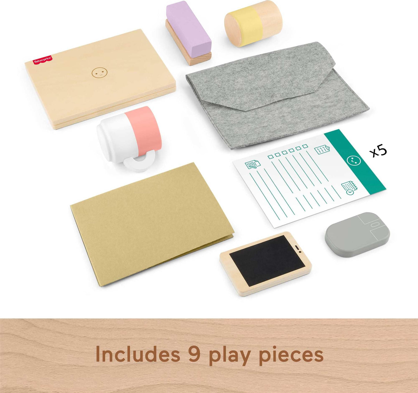 Fisher-Price Wood Pretend Play Work from Home Set, 9-Piece Office Playset with Wooden Toy Laptop & Phone for Preschool Kids Ages 3+ Years