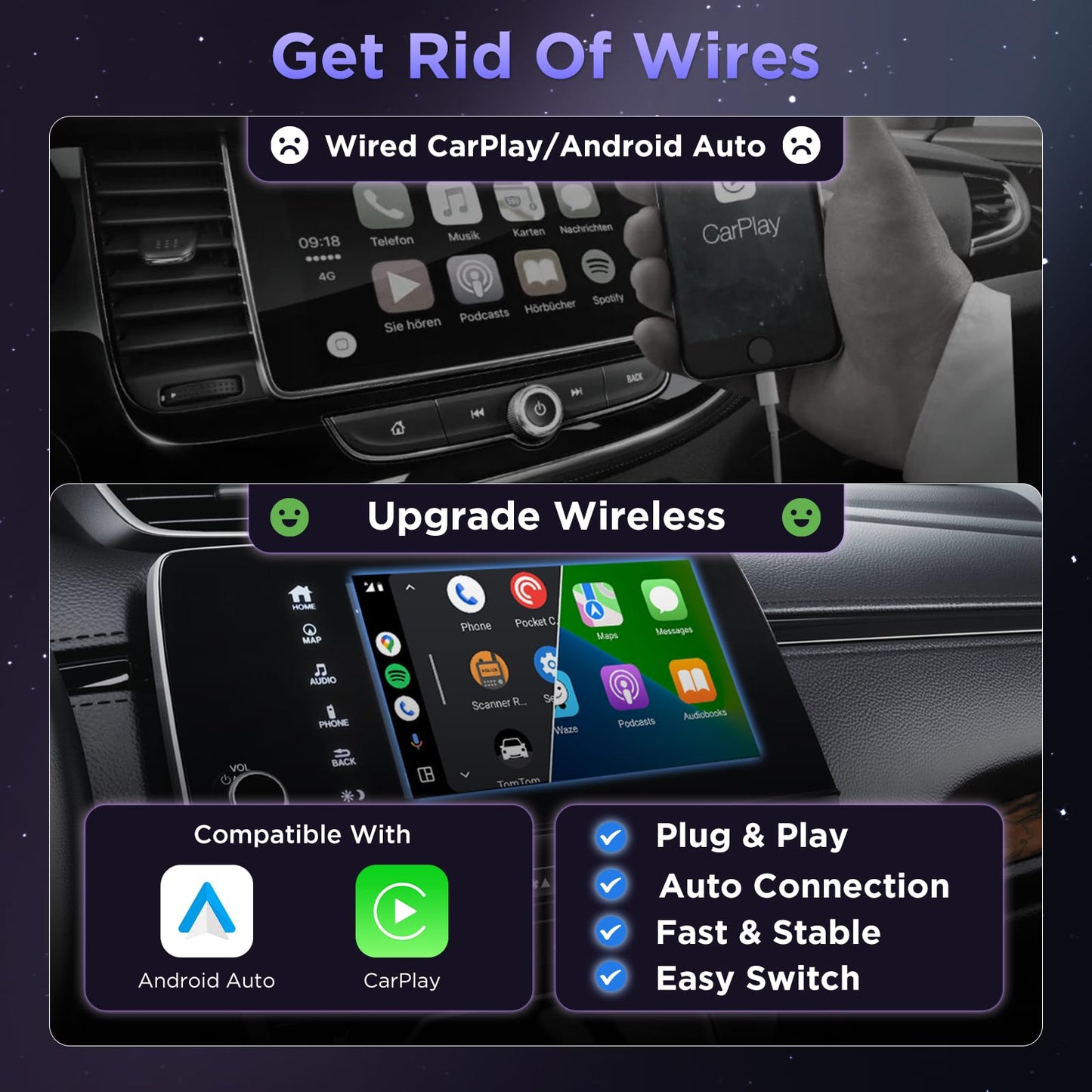 MSXTTLY 2in1 Carplay Wireless Adapter Android Auto Wireless Adapter, Mini USB Small Dongle Fast Auto Connect, Car Play Play Plug, for Apple iPhone iOS & Android 11+, OEM Wired Car Model 2017+, Black