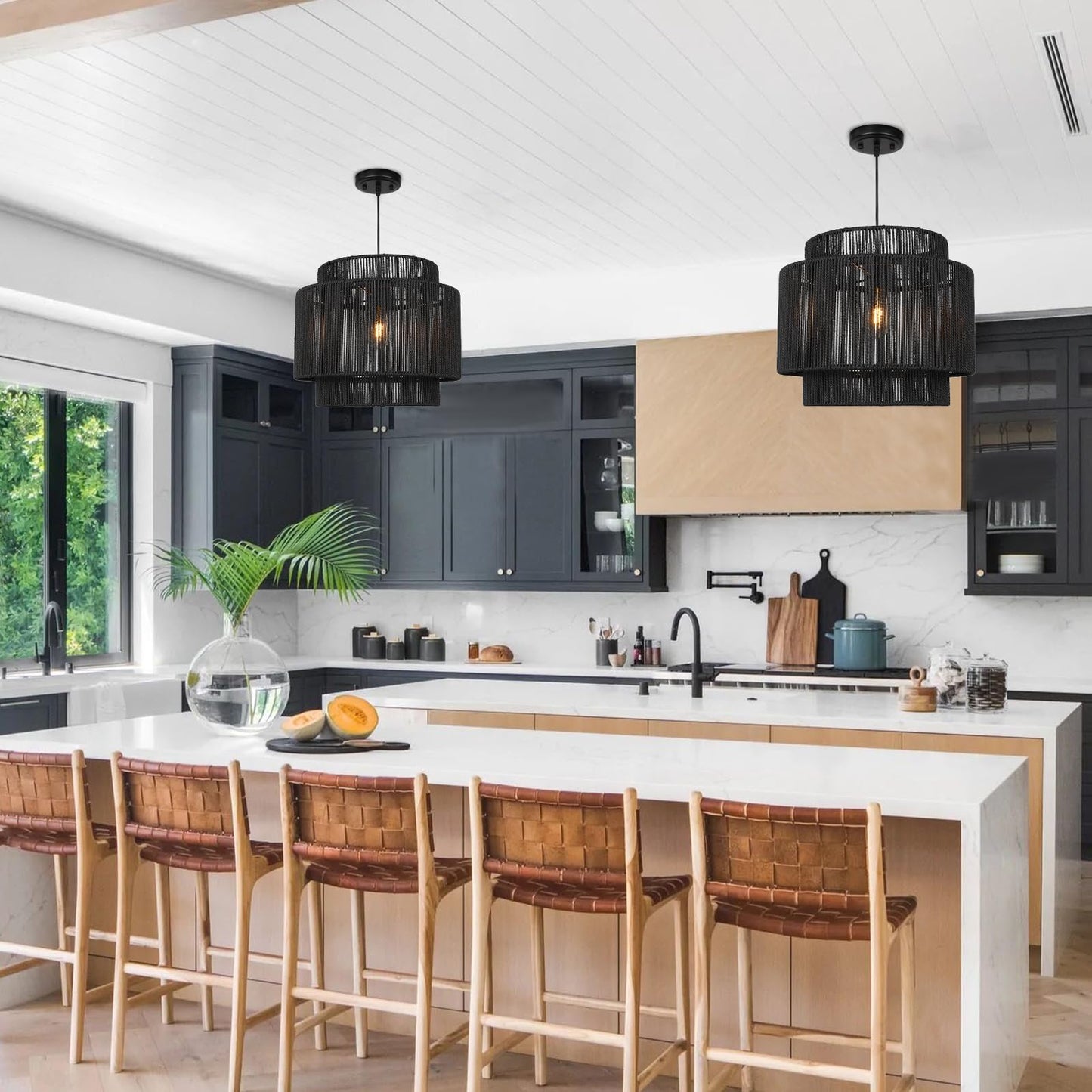 Rosient 16 Inch Large Natural Simple Hand Weaved Rattan Pendant Lamp, Coastal Beach Black Rope Hanging Pendant Light Fixture for Dining Room Living Room Bedroom Kitchen Foyer