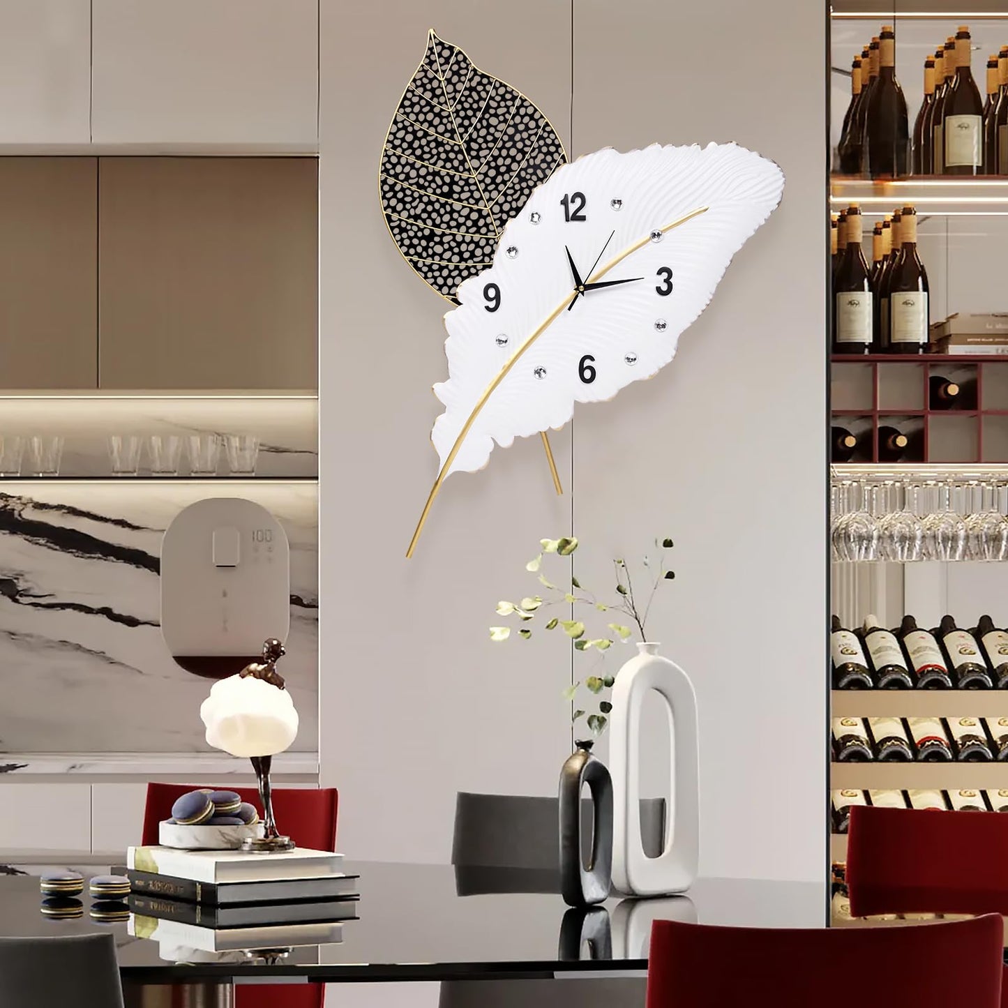 Anmotpe 18x27 inch Large Modern Feather Leaf Shape Wall Clock for Living Room Decor, White Unique Silent Decorative Art Clock for Home Bedroom Office Dining Kitchen