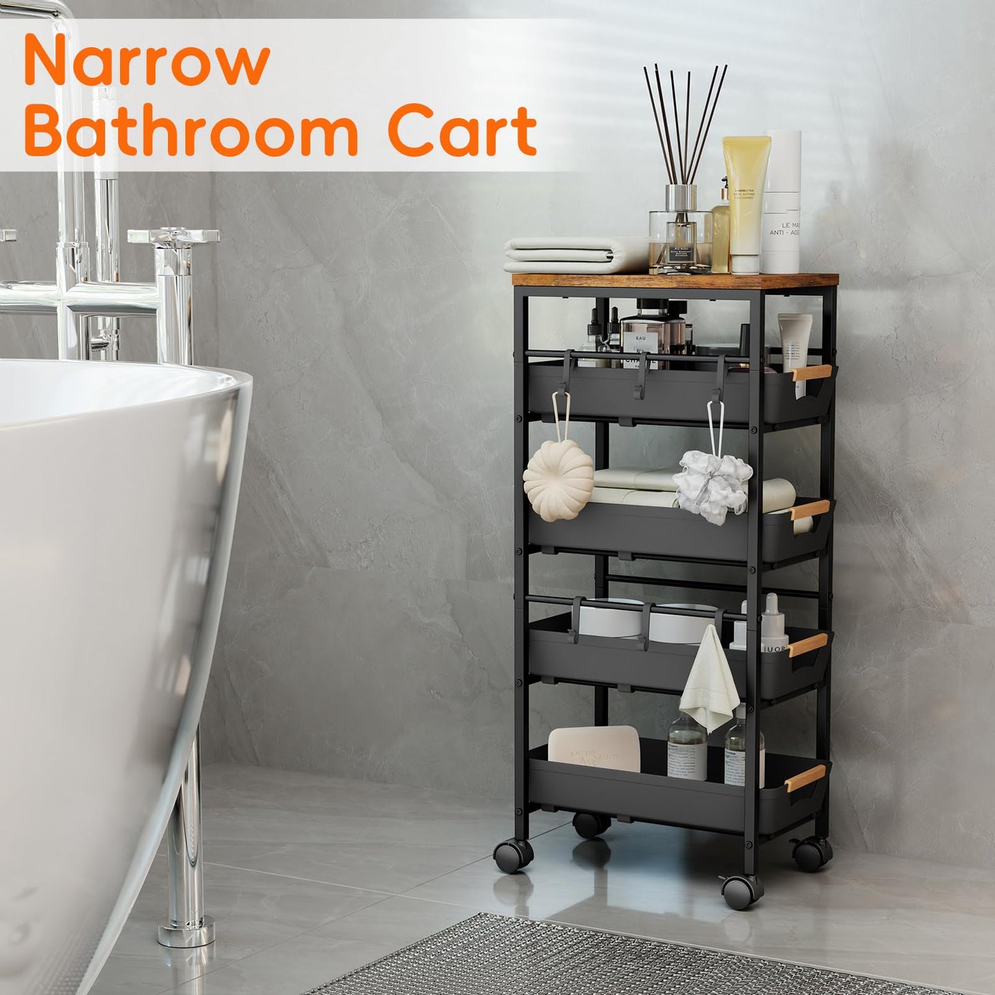 Landmok 5-Tier Slim Storage Cart, Wooden Top Rolling Kitchen Cart with Pull-Out Baskets & Wheels, Narrow Space Utility Cart Slide Out Organizer for Kitchen, Bathroom, Laundry Room, Black