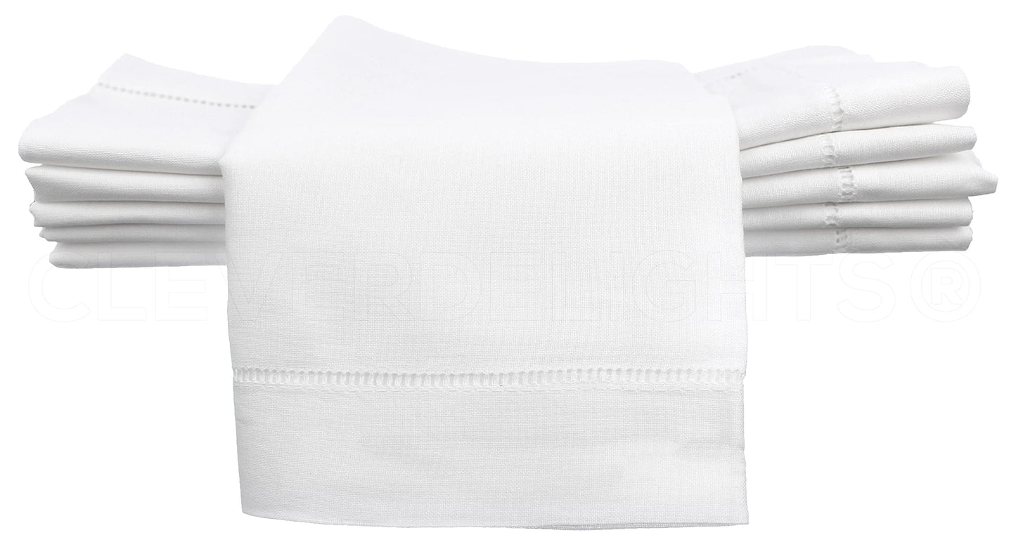 CleverDelights 20" White Hemstitch Dinner Napkins - 12 Pack - 55/45 Linen Cotton Blend