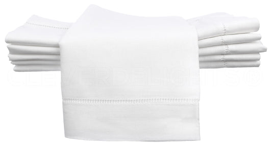 CleverDelights 20" White Hemstitch Dinner Napkins - 12 Pack - 55/45 Linen Cotton Blend