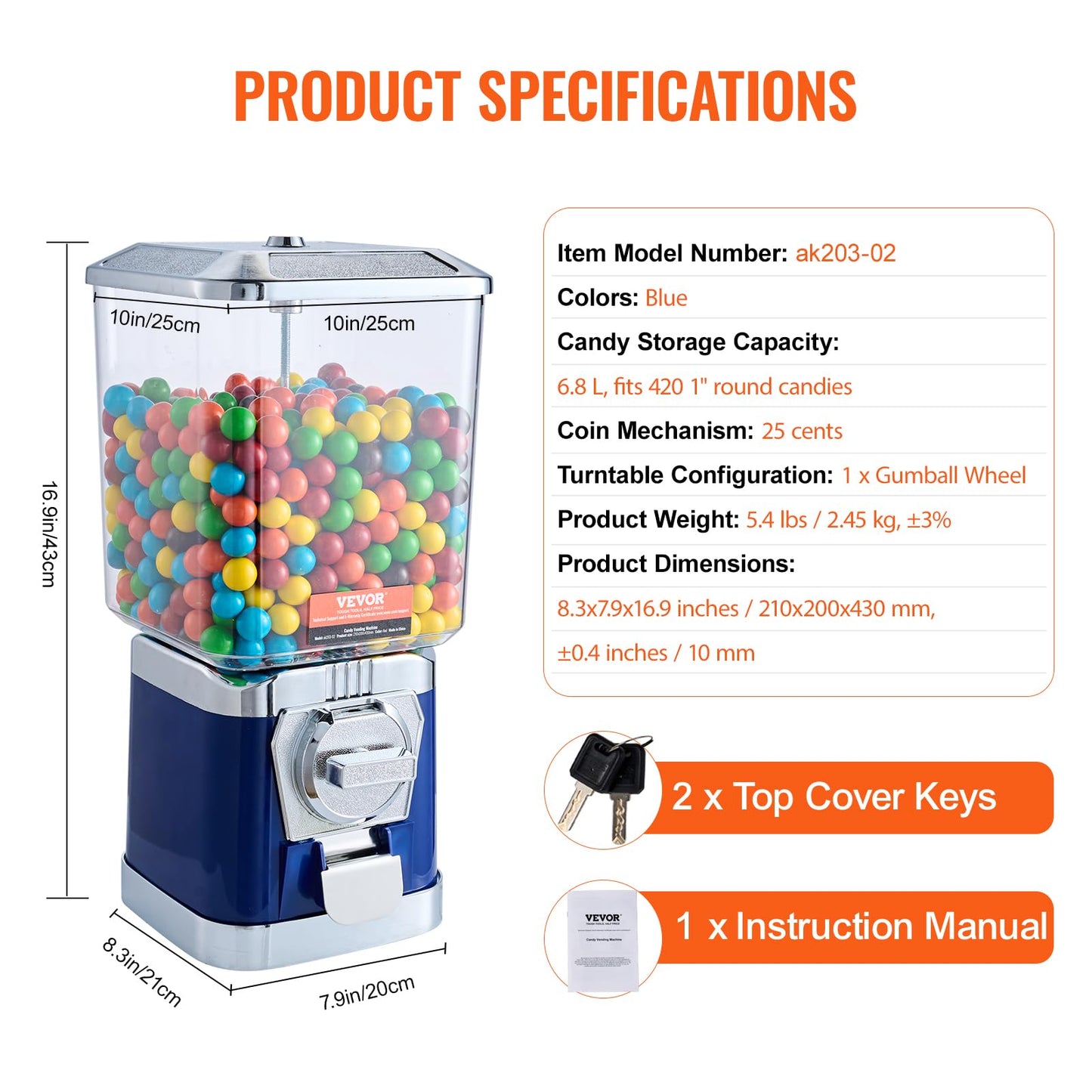 VEVOR Gumball Machine, 17"H Home Candy Vending Machine, PC Gumball Dispenser, Bubble Gum Machine for Game Stores, Coin Operated Gumball Bank for Toy Capsules Bouncy Balls Candy, Blue