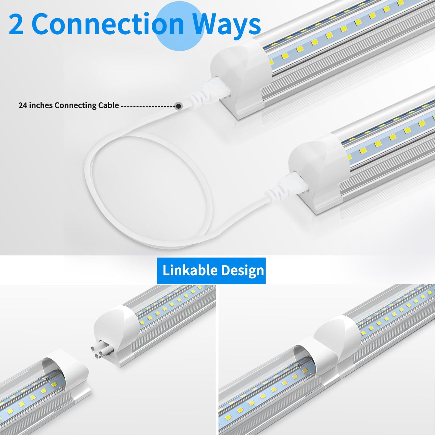 (Pack of 4) Linkable LED Utility Shop Lights for Garage, 6FT, 60W, LED Tube Ceiling Light T8 Integrated Single Fixture, 6000K, 8000LM Daylight V Shape, Basement, Offices, Clear Lens, Plug and Play