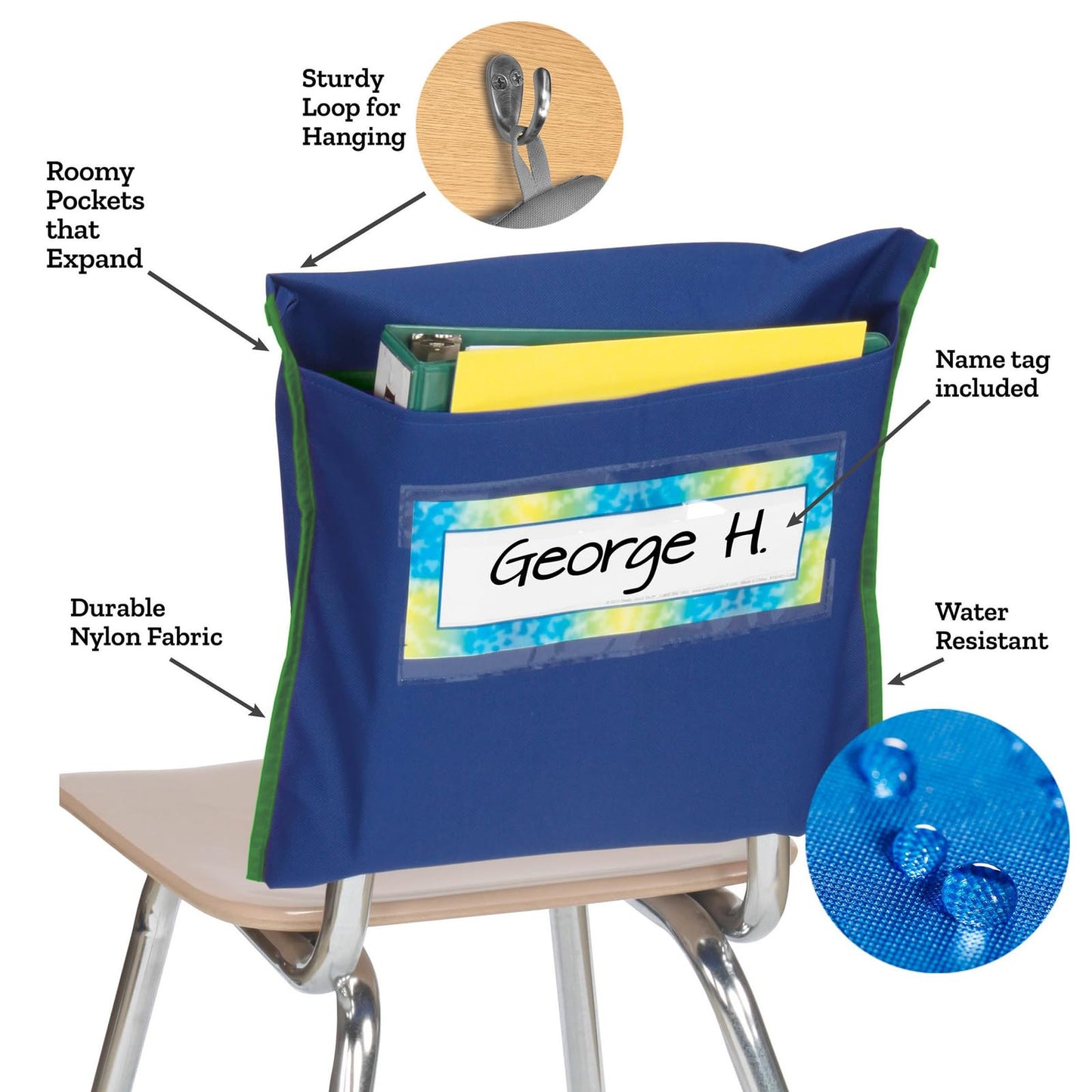 Really Good Stuff Store More Deep-Pocket Chair Pockets – 6 Pack – Navy/Green