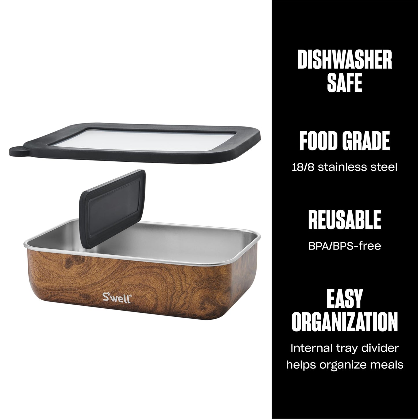S'well Stainless Steel Bento Box, Teakwood, Fits One Large Entree Or Small Entree And Snack, Includes Removable Divider, Leakproof, Easy to Clean, Dishwasher Safe