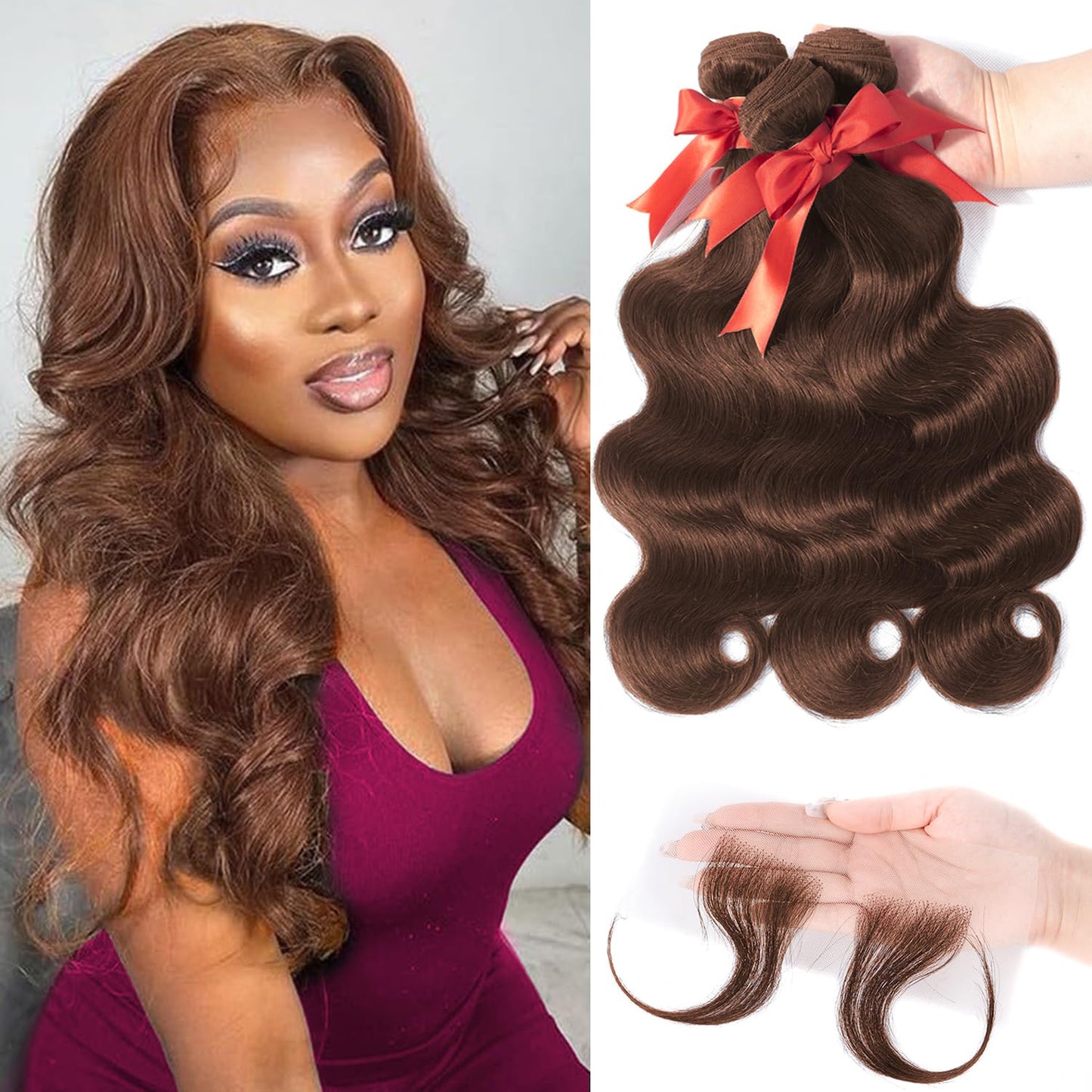 LUXEDIVA 12A Body Wave Bundles Human Hair 16 18 20 Inch Brown Human Hair Bundles 100% Unprocessed Indian Virgin Hair 3 Bundles Deal Weave Dark Brown Hair Extensions with Edges Stripes Baby Hair