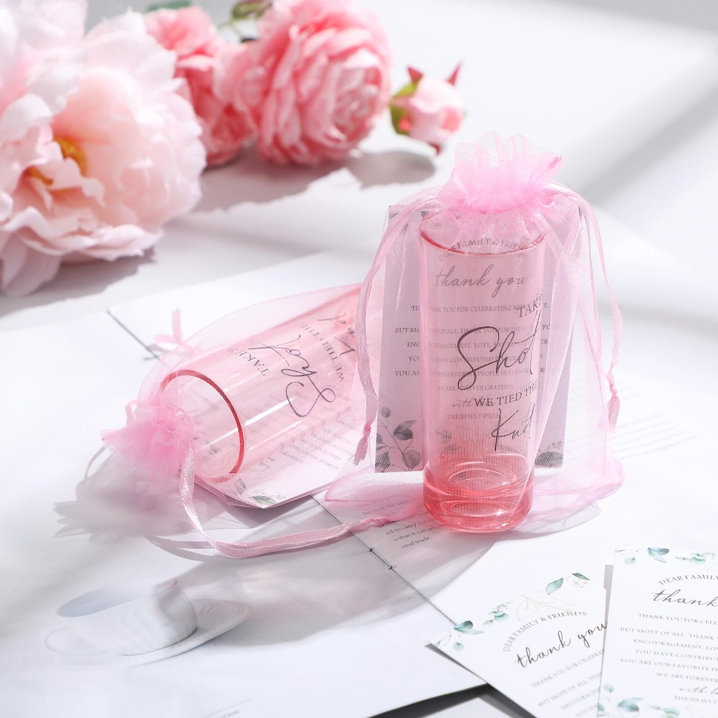 Sliner 50 Set Wedding Favors for Guests Bulk 2oz Acrylic Take a Shot We Tied the Knot Shot Glasses with Thank You Cards Organza Bags for Guest Souvenirs Wedding Newlyweds Bridal Shower Gifts (Pink)