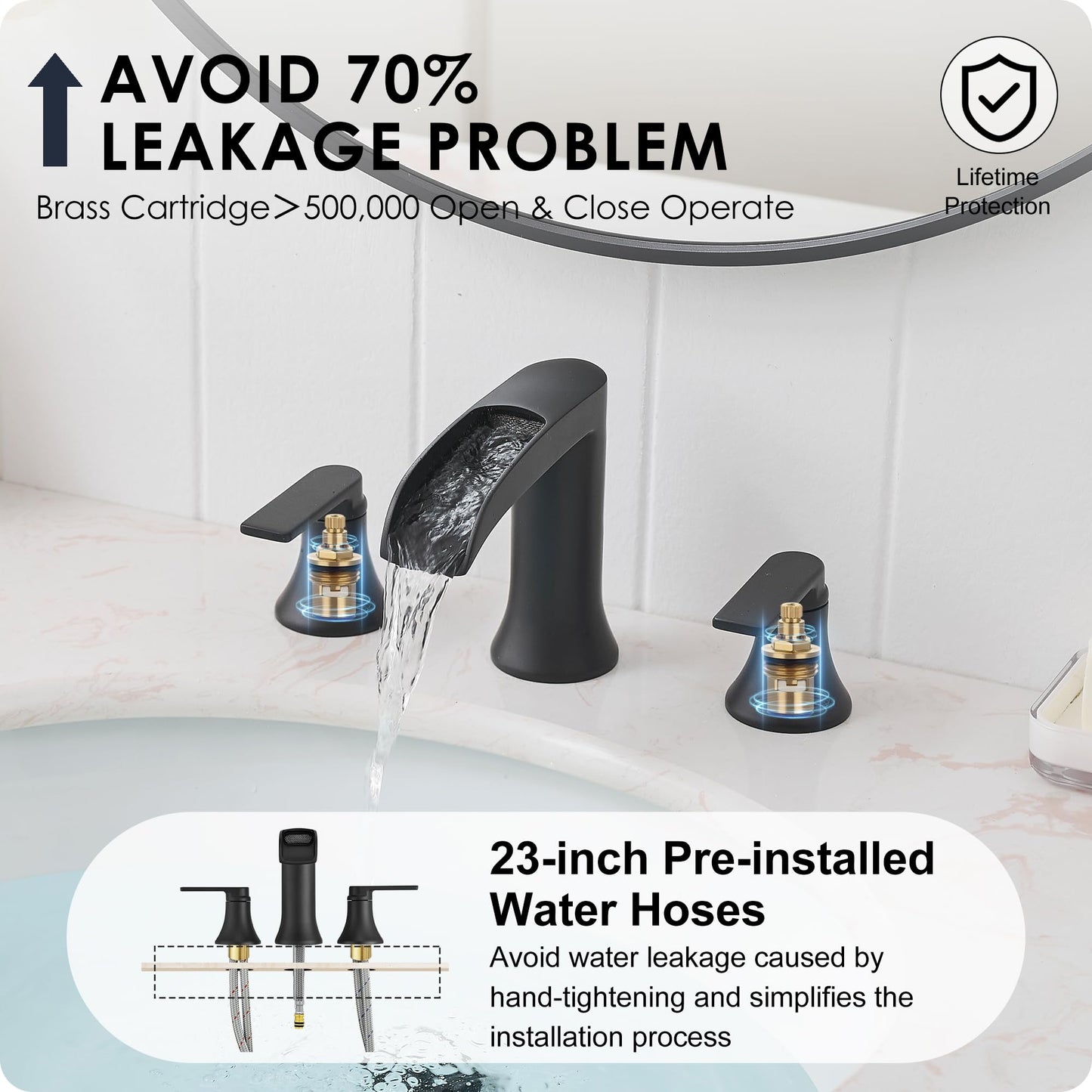 HOIGY Matte Black Widespread Bathroom Sink Faucet 3 Hole, 8 Inch Waterfall Faucet for Bathroom Sink with Pop-Up Drain and cUPC Supply Lines, 2 Handles for Vanity Lavatory Restroom, Brass Material