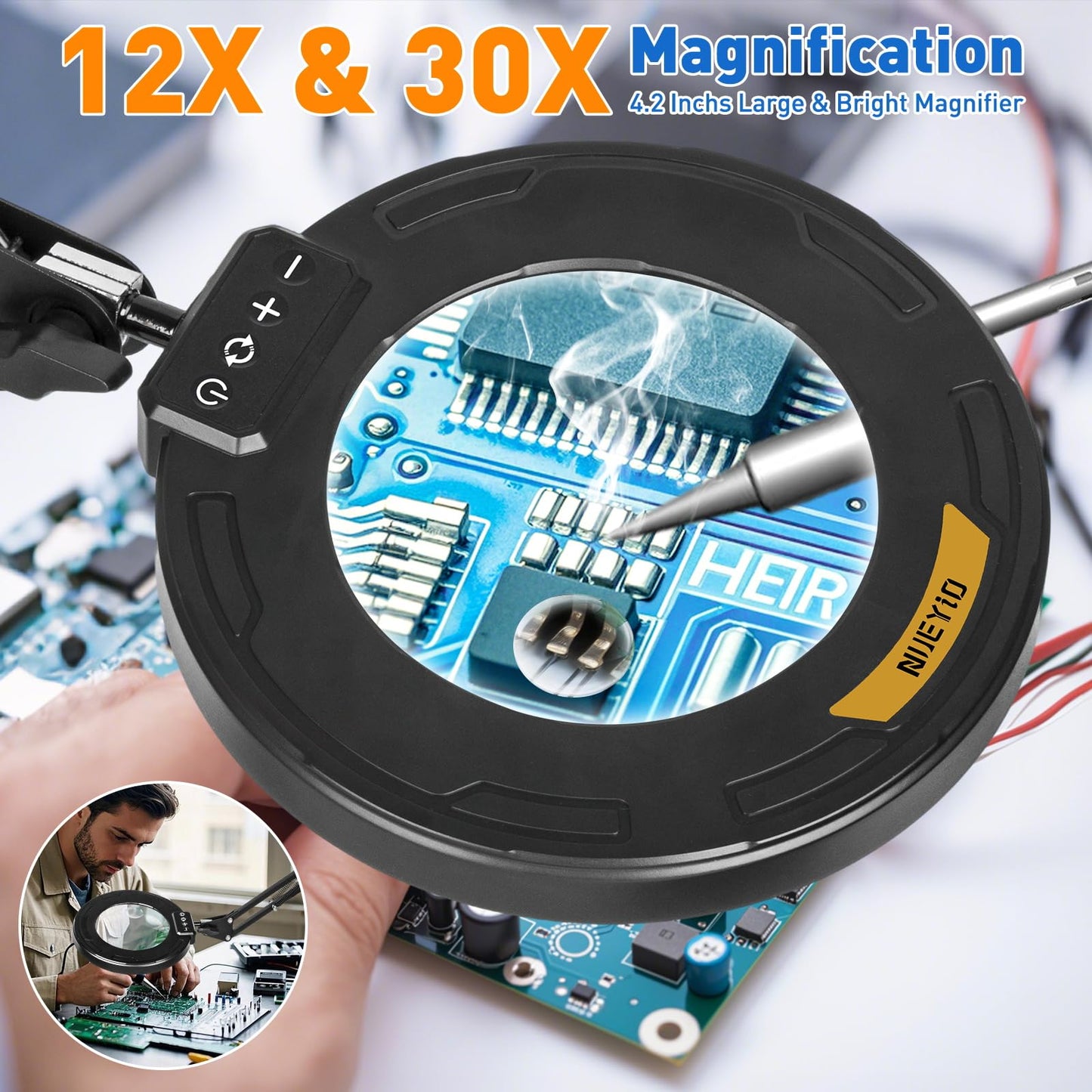 Ultra Long 3-Section Swing Arm 12X 30X Magnifying Glass with Light and Stand, 4-Way Metal Clamp Lighted Magnifier Lamp, 5 Color Modes LED Magnifying Lamp for Workbench Hobby（12X/30X 35.2in Clamp ）
