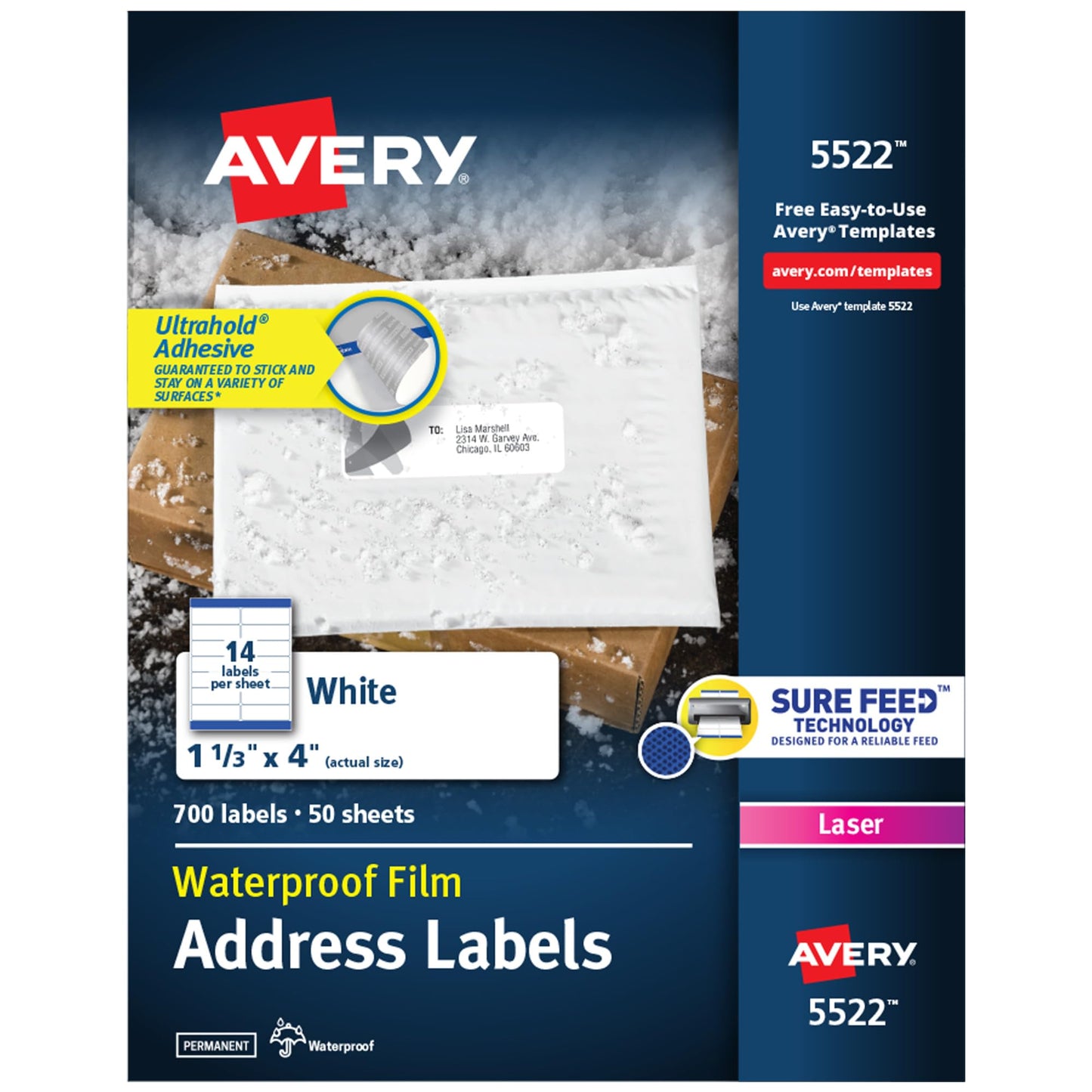 Avery Durable Waterproof Address Labels with Sure Feed Technology, 1-1/3" x 4", White, Laser Printer Compatible, 700 Blank Labels Total, Great for Mailing, Branding, and More (5522)