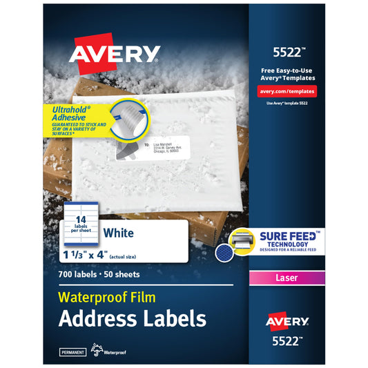 Avery Durable Waterproof Address Labels with Sure Feed Technology, 1-1/3" x 4", White, Laser Printer Compatible, 700 Blank Labels Total, Great for Mailing, Branding, and More (5522)