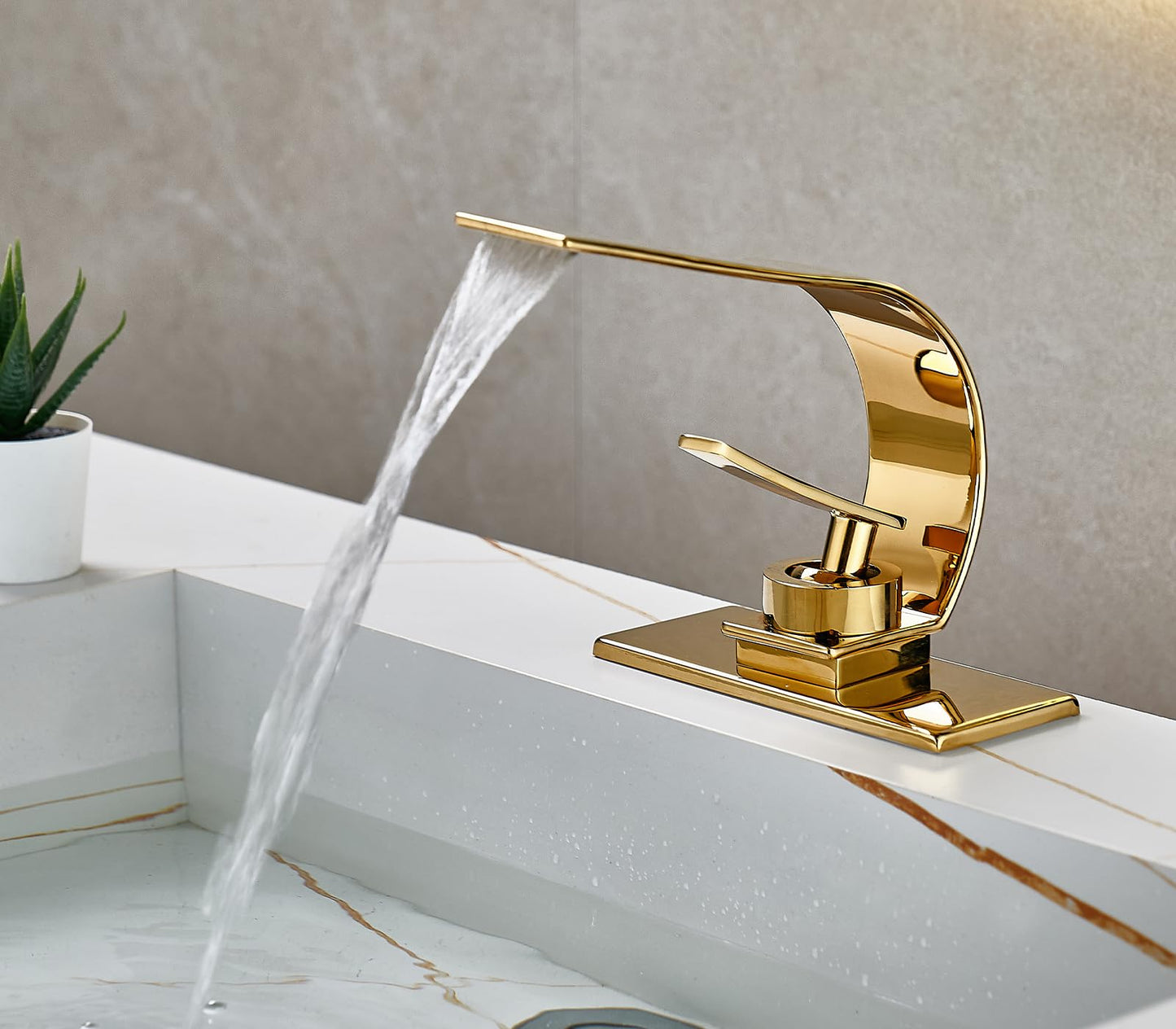 becola Modern Bathroom Sink Faucet, Single Handle Bathroom Faucets for Sink 1 Hole, Low Arc Touch On Faucet, Gold Hot and Cold Water Mixer Tap with Deck Plate - Gold