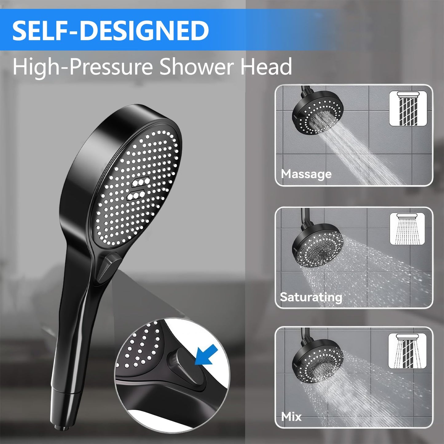 NTPN Dual Shower Head with Handheld for Couples: High Pressure Double Shower Heads for Two People - Adjustable Two Showerhead System with 3 Flow Settings Fits 2 Person Bathroom (Black)