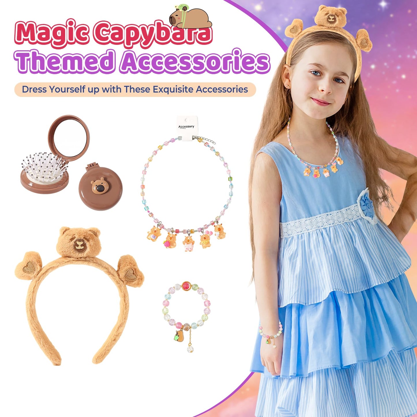 Ditucu Strawberry Capybara Plush Gifts for Girls 4 5 6 7 8 9 10 Years Old with Stuffed Animal/Stickers/Water Bottle/Bag/Coin Purse/Keychains/Hair Accessories/Comb/Necklace/Bracelet Plushies Toys Set