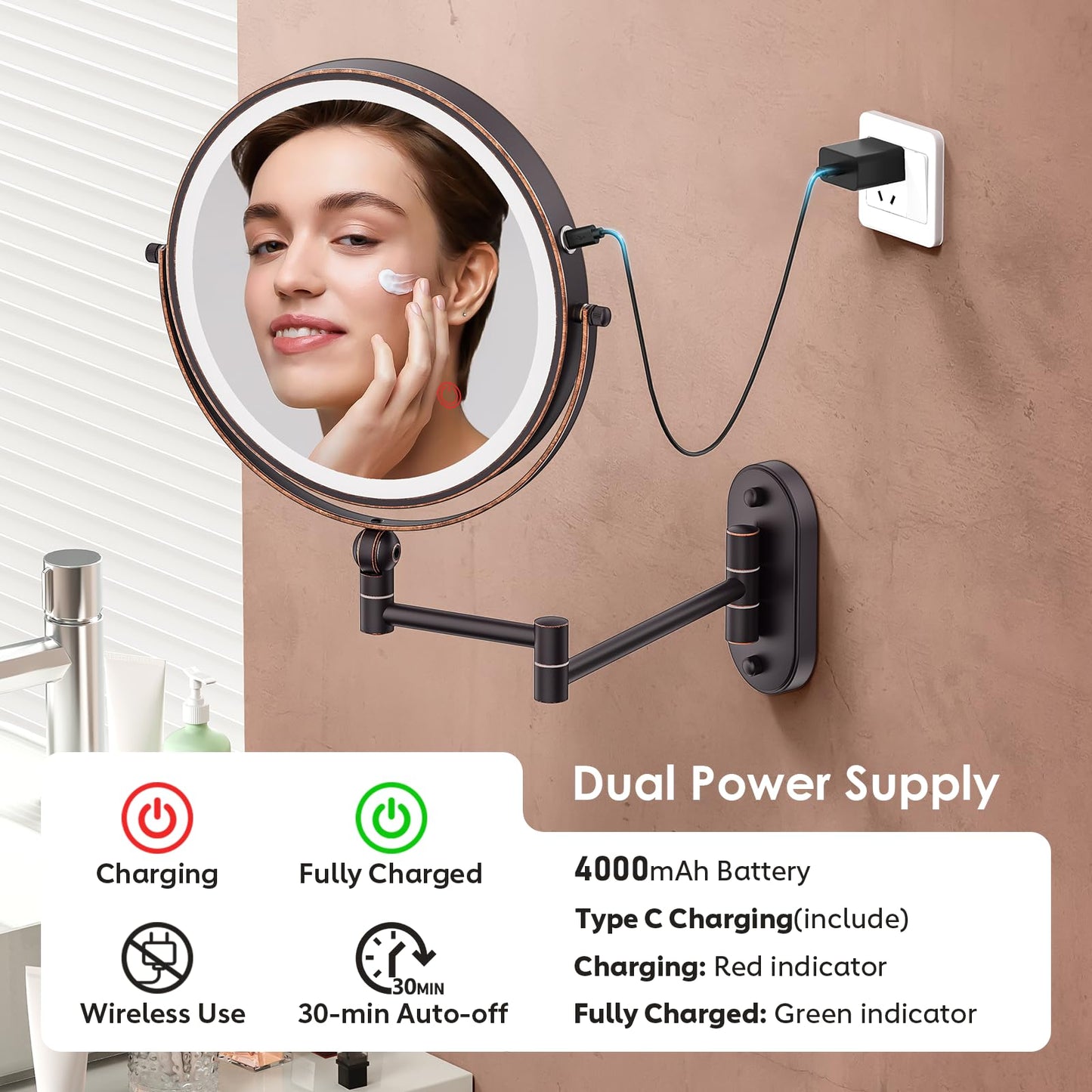 IMIKONA 9" Wall Mounted Lighted Makeup Mirror,4000mAh Rechargeable Double Sided 1X/10X Magnifying Mirror with Light,3 Color Lights,Touch Dimmable,Extended Arm 360 Rotation Wall Mounted Makeup Mirror