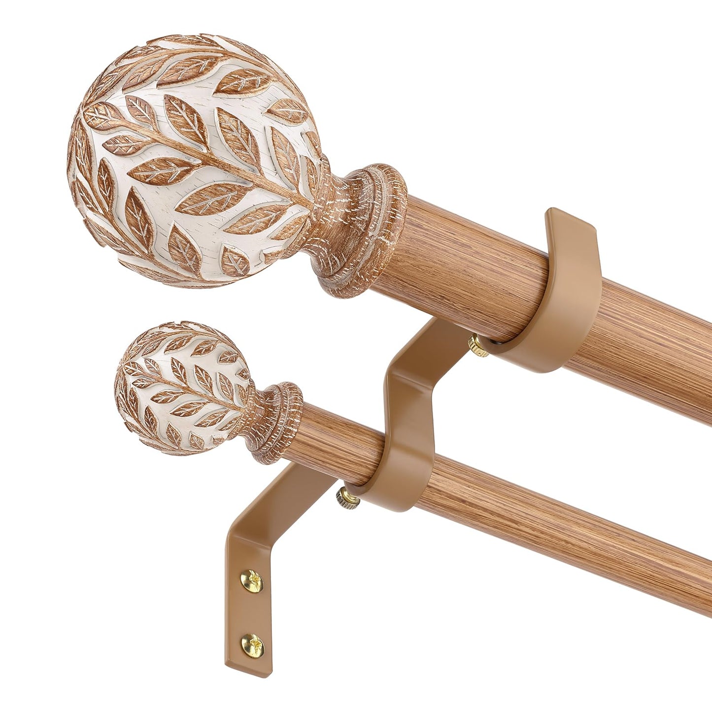 Wood Double Curtain Rod 36-122 Inch, Boho Decorative Long Dual Curtain Rods for Windows, 1" Adjustable Heavy Duty Double Rod, Unique Handmade Imitation Wood Grain Leaf Finial Design