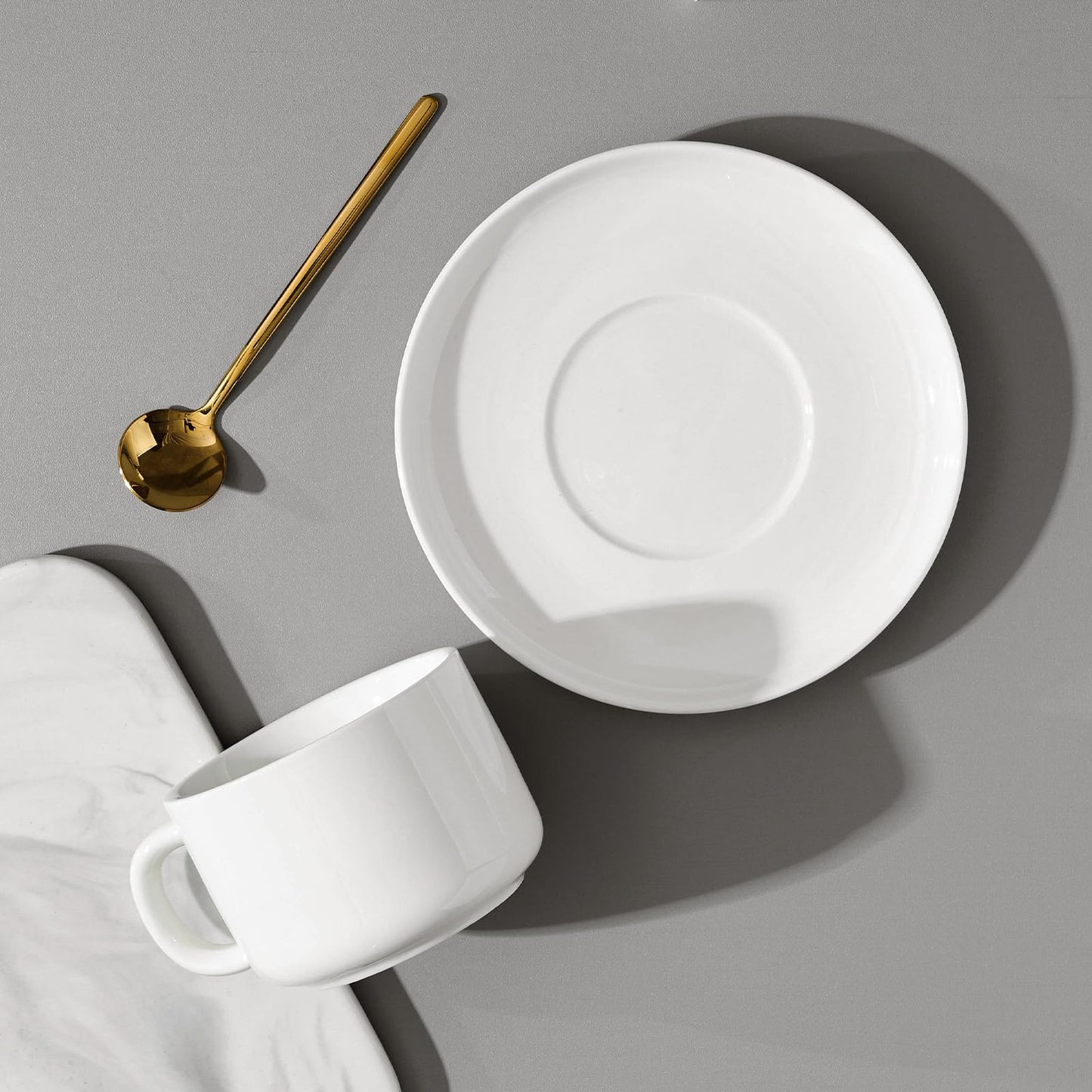 CHILDIKE 7 oz Coffee Cups with Saucers Spoons - Set of 6 Cappuccino Cups, White Porcelain Cups Serving for Tea Espresso Latte Mocha