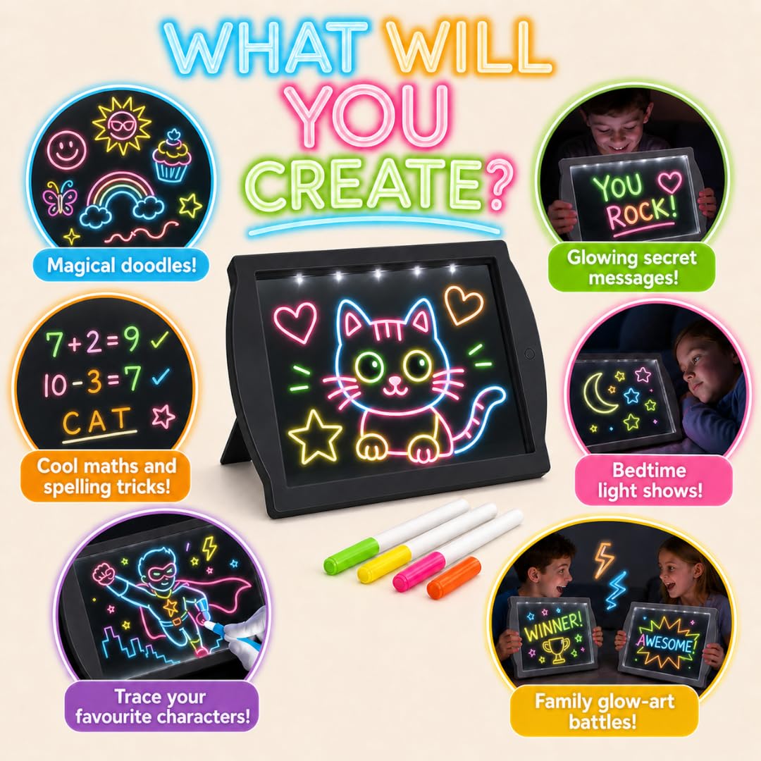 Marvin's Magic - Glow Art Unique Craft Kit | Light Up Kids Art Set | Includes Neon Effect Drawing Board with A Built-in Stand and 4 Fluorescent Magic Pens - Black