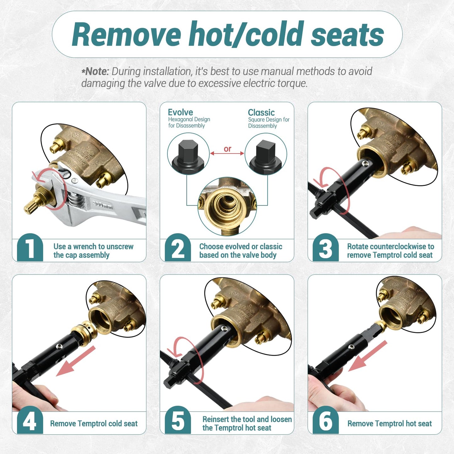 T35C-PRO Temptrol Universal Seat Removal Tools for Symmons, Professional Multi-Function Removal Tool Removes Hot Cold Seats, Manual and Electric Use, Steel Construction