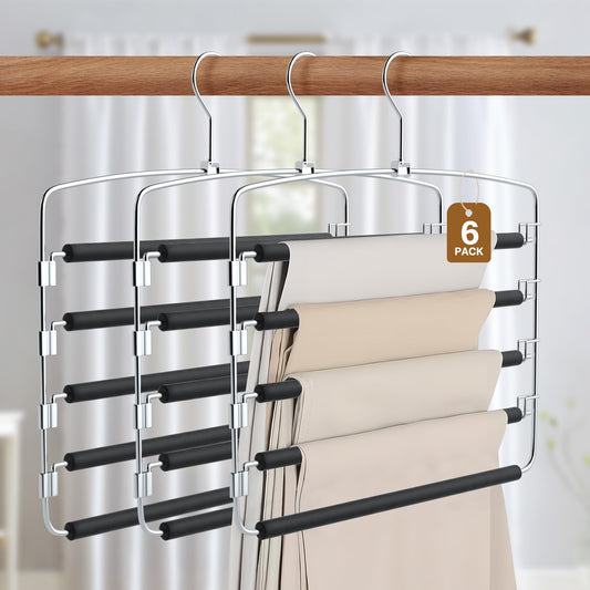 Cycleacc Pants Hangers, 6 Pack Anti-Slip Space Saving Hangers, 5 Layer Swing Arm Pants Hanger Stainless Steel with Non-Slip Padding, Closet Organizers & Storage for Pants Trousers Jeans Scarf