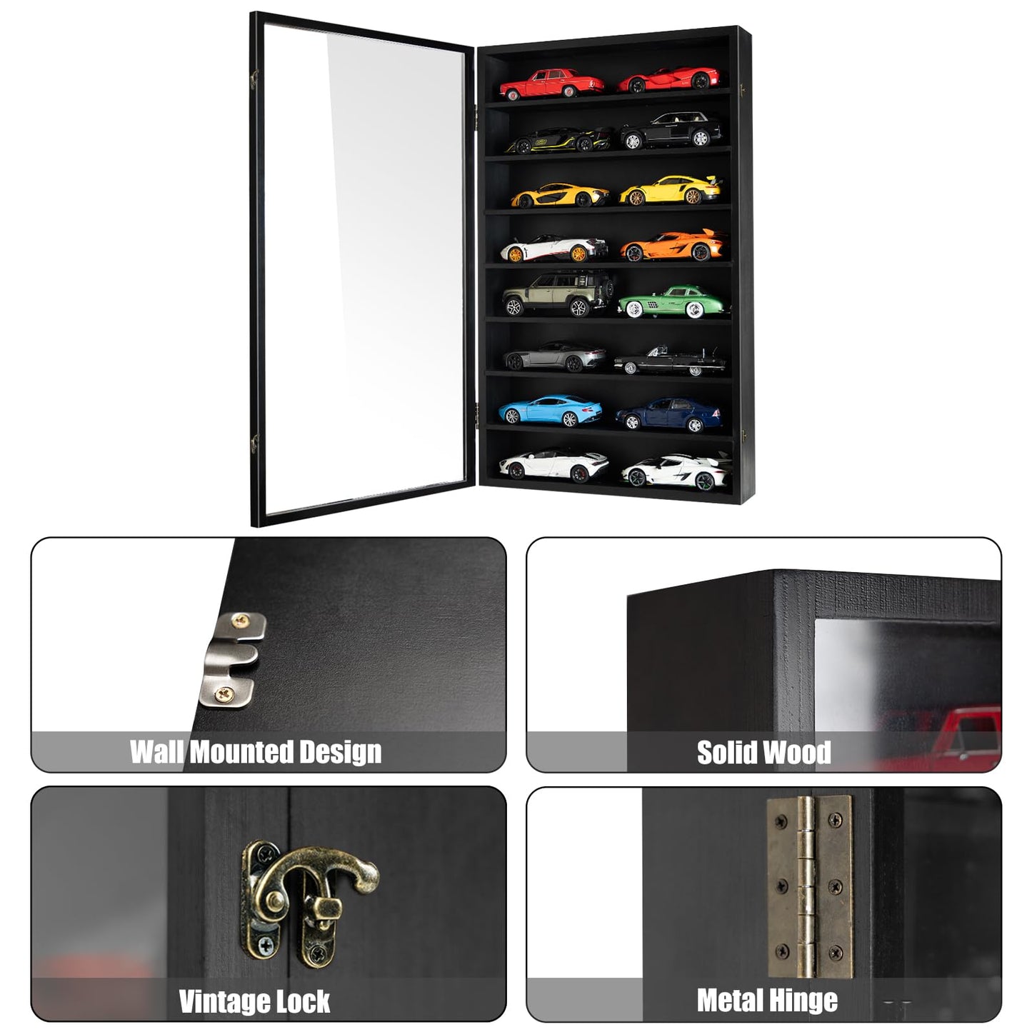 1/24 Scale Diecast Display Case Wall Mount Clear Model Car Display Case Model Cars Storage Cabinet Rack with Acrylic Door Holds 16 Cars