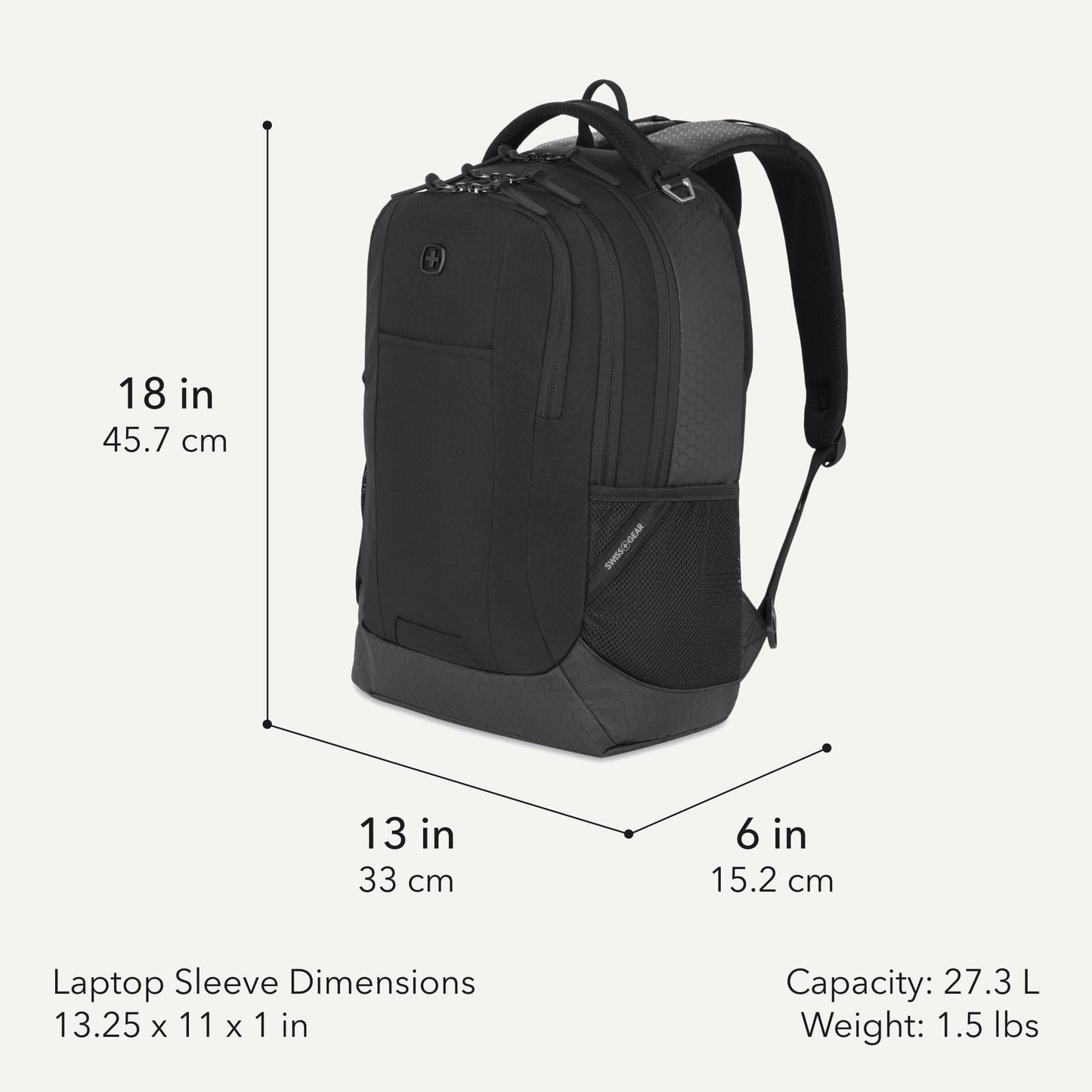 SWISSGEAR Cecil Laptop Backpack, Fits Most 16-Inch Laptops, Three-Compartment Design, Airflow Back Panel, Black, 27.3L, 18-Inch