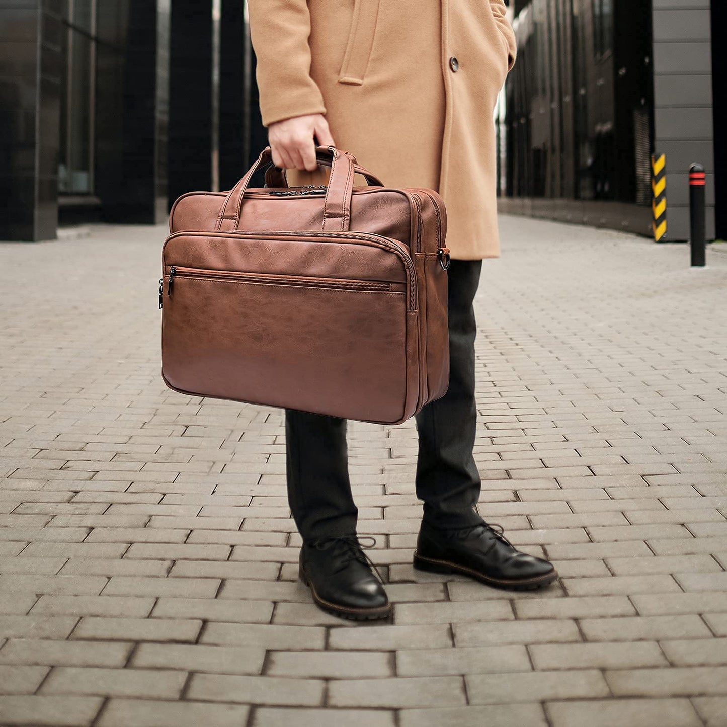 Seyfocnia Men's 17.3 Inches Laptop Bag, Brown Faux Leather Briefcase