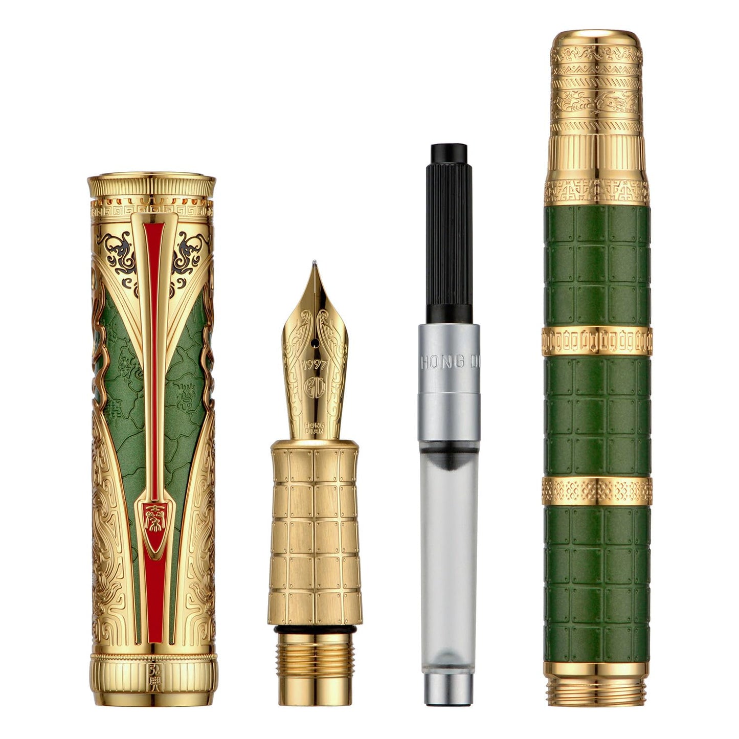 Hongdian D5X Fountain Pen - Green Qin Dynasty Retro Chinese Totem Engraving, Extra Fine Nib, Smooth Writing with Converter and Pen Box Set