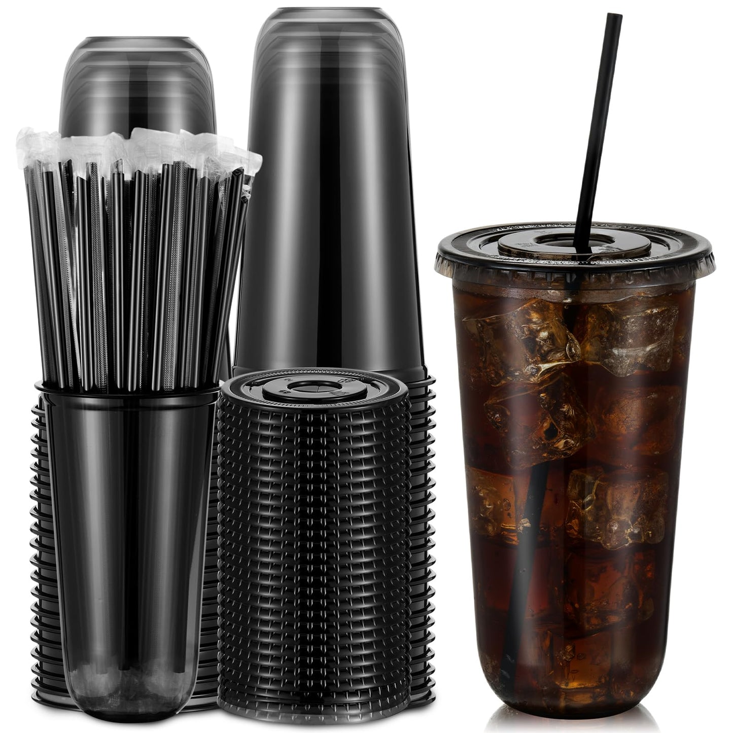 Ziliny 50 Set Clear Plastic Cups with Lids and Straws, PET Disposable Iced Coffee Cups for Drinking Cold Beverage Juice Parfait Smoothie Milkshake Shop Party Supplies (Black Cup & Straw,20 oz)