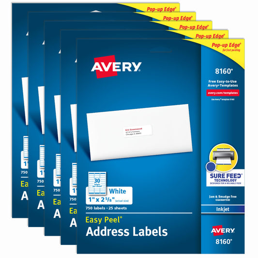 Avery Easy Peel Printable Address Labels with Sure Feed, 1" x 2-5/8" Customizable Stickers, White, 3,750 Blank Mailing Labels, Great for Mailing, Shipping, and More (5-Pack of 8160)