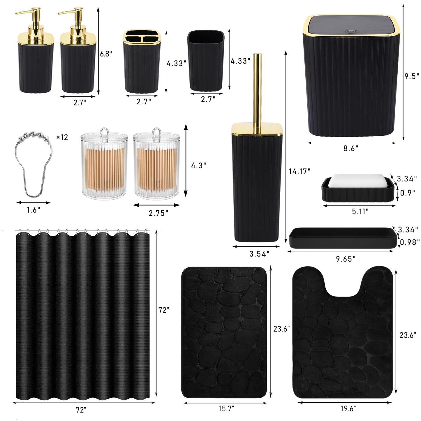 XLHOMO Bathroom Set with Shower Curtain and Rugs- 25PC Bathroom Accessory Set, Black Shower Curtain Set, Toilet Brush, Trash Can, Qtip Holder & Soap Dispenser