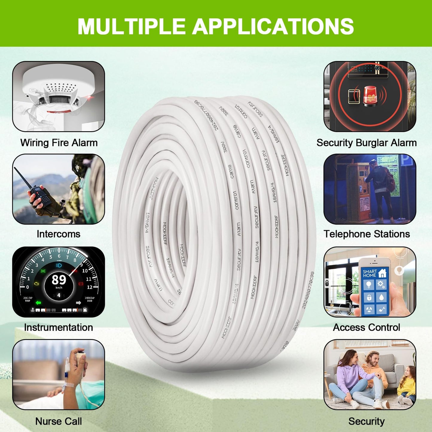 MOOKEERF 18/4 Alarm Wire Shielded Wire 100FT 18 AWG 4 Conductor Stranded Shielded Plenum Cable White CL3P Jacket for Security/Alarm/Access Control/Sound-18AWG 4 Conductors Wire