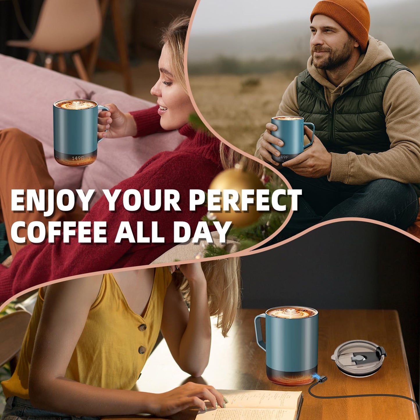 Magnetic Charging Cordless Self Heating Coffee Mug for Dad, Fast Heating & High Temperature 14Oz Smart Coffee Cup Warmer, 120 Mins-Hot Up to 149℉ Smart Mug Warmer, for Men(No APP)
