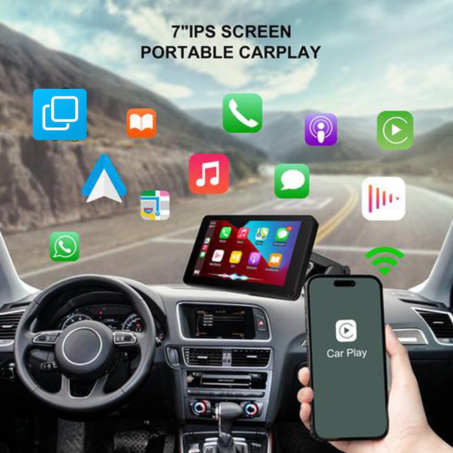 Wireless Apple Carplay Screen for Car, 7" HD Touch Screen Portable Car Stereo for Carplay & Android Auto ，with Backup Camera,Mirror Link, GPS Navigation, Siri, AirPlay, AUX, FM, Voice Control