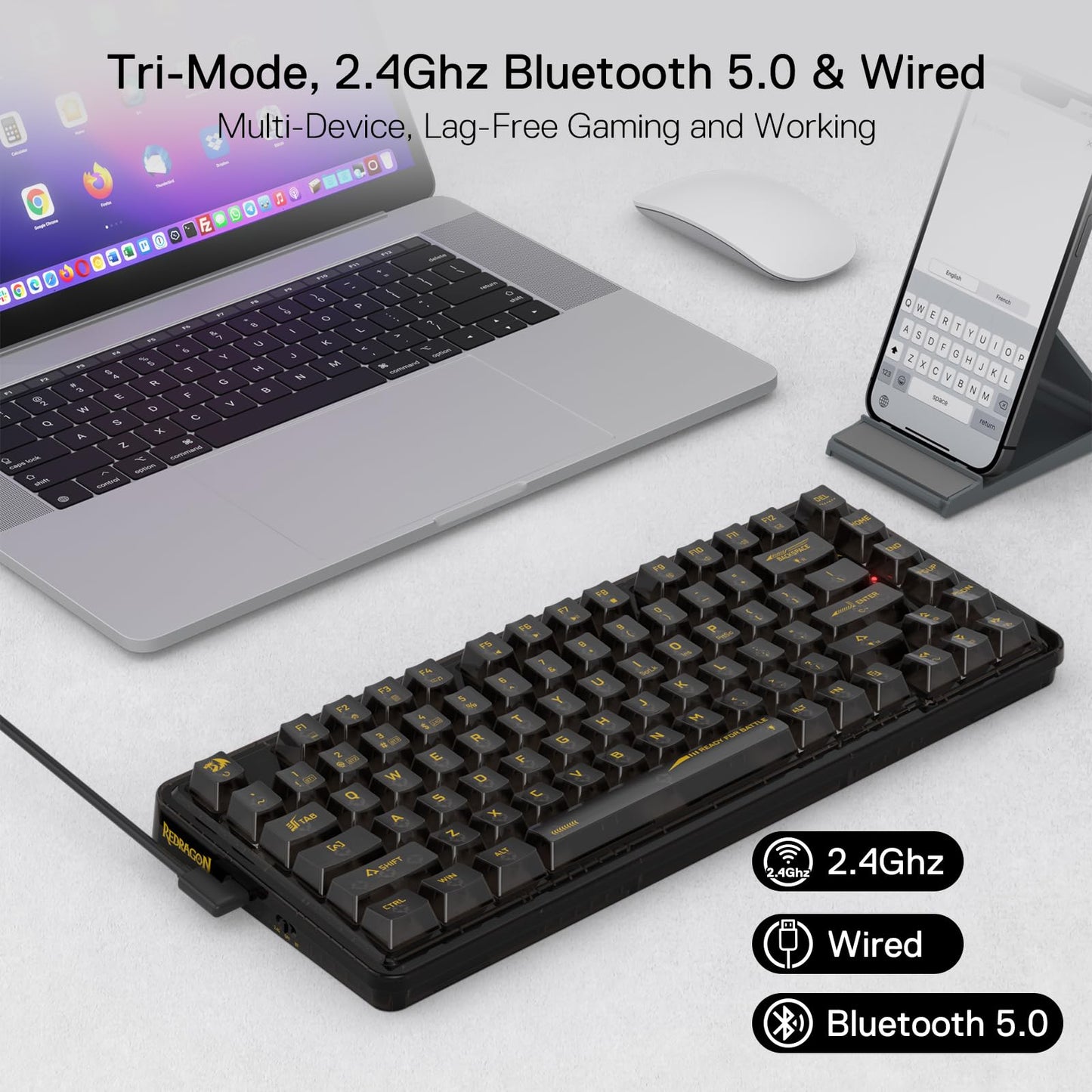 Redragon K649 PRO 78% Wireless Gasket RGB Gaming Keyboard, 3-Modes 82 Keys Full-Transparent Mechanical Keyboard w/Hot-Swap Socket, Noise Dampening Layer x 5, Translucent Custom Switch