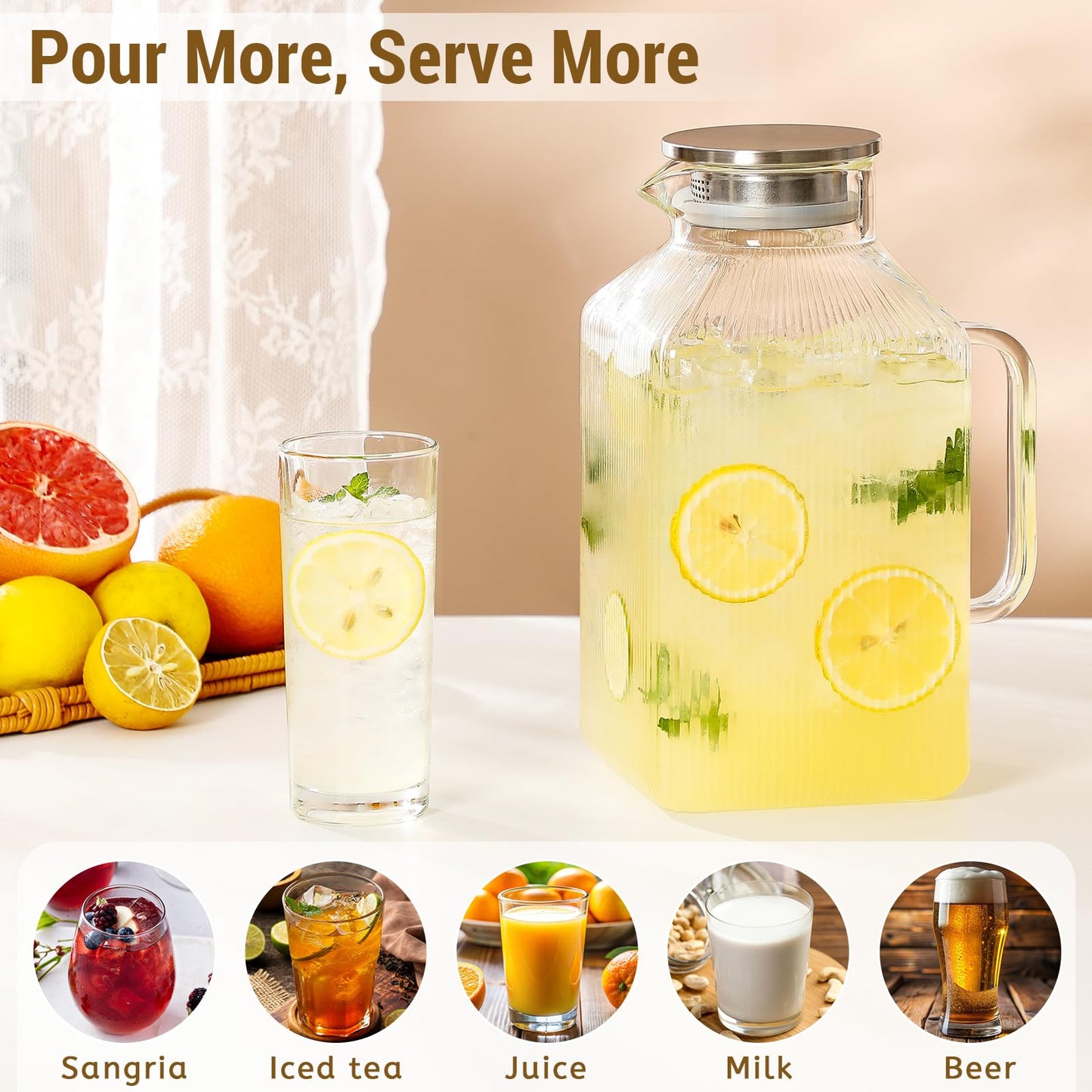 1 Gallon thickened Square Glass Pitcher with Lid, Classic Stripes Water Pitchers for Fridge, Borosilicate Glass Carafe for Hot/Cold Brew Drink, Extra Large Jug with Handle for Iced Tea, Coffee, Juice