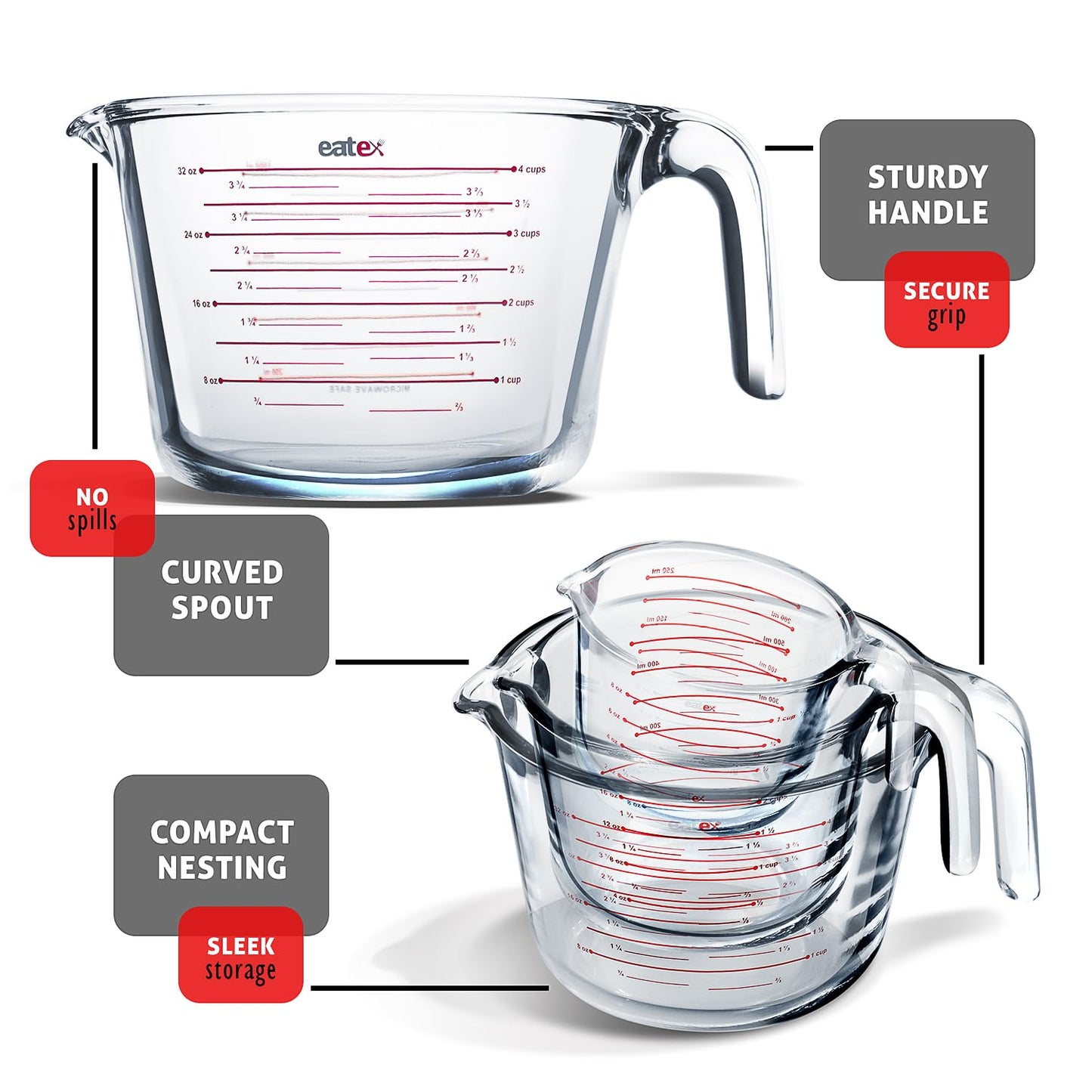 Eatex Glass Measuring Cups Set of 3 - Liquid Measuring Cups, Glass Measuring Cup Set - 1,2,4 Cup Measuring Cup - Dishwasher Oven, Microwave Safe Measure Cups