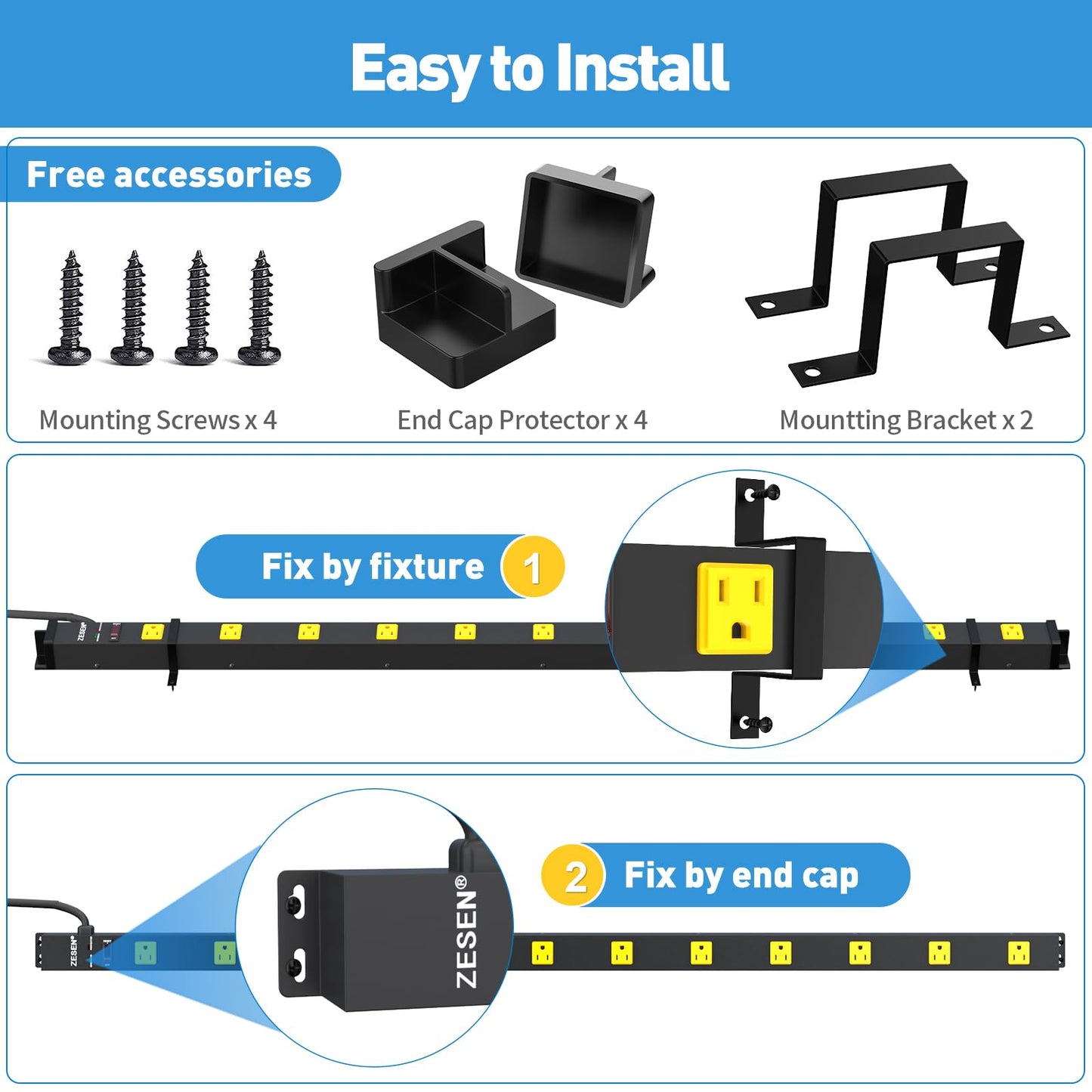 ZESEN 12 Outlet Long Power Strips Heavy Duty Garage Workshop Multi Wide Industrial Power Strip Surge Protector with 4ft Cord, ETL Certified, 1875W, Black