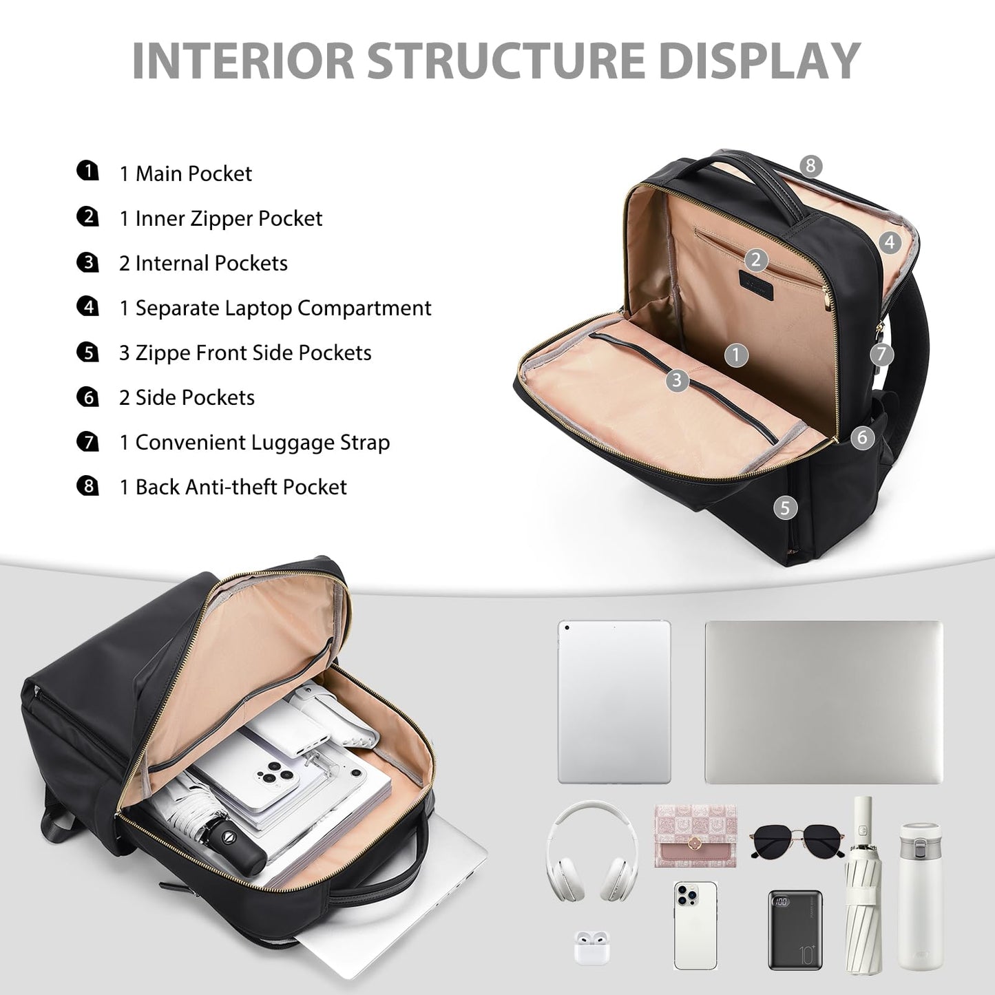 GOLF QUALITY Laptop Backpack for Women, Work Business Traval Computer Backpacks with Laptop Compartment Waterproof Casual Daypack for Travel College,16Inch,Black