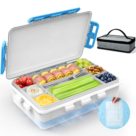 Chilled Snack Box Container with Ice Pack, Portable Travel Food Containers with Lids, Keep Cheese and Fruits Remained Fresh for Hours, Divided Serving Tray for Family Road Trip Beach Picnic(White)