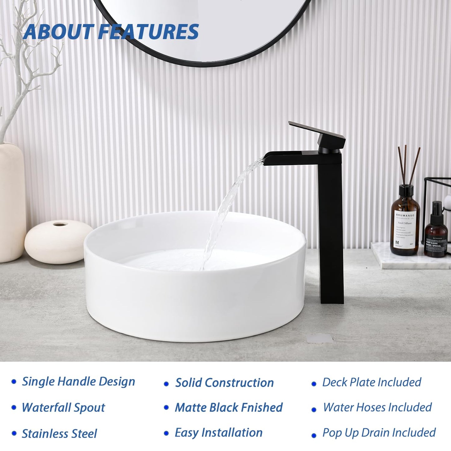 Black Tall Waterfall Bathroom Faucet, Single Hanlde Vessel Sink Faucet with Waterfall Spout, Bathroom Faucets for 1 Hole, RV Lavatory Vanity Mixer Bar Tap with Pop Up Drain and Hoses KMBF015B